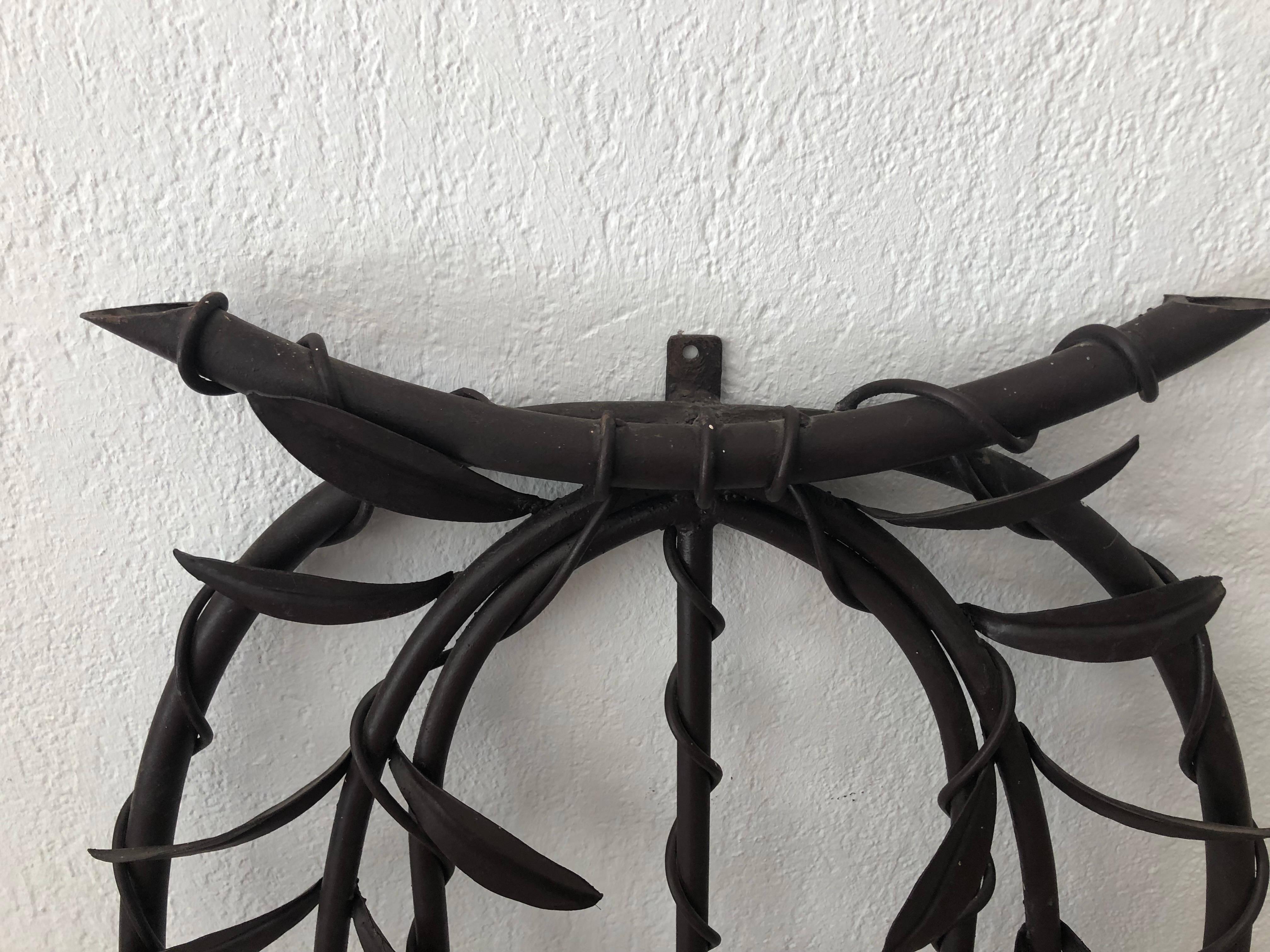 Distressed Monumental Wrought Iron Wall Sconce, Holds 7 Candles In Good Condition In Plainview, NY
