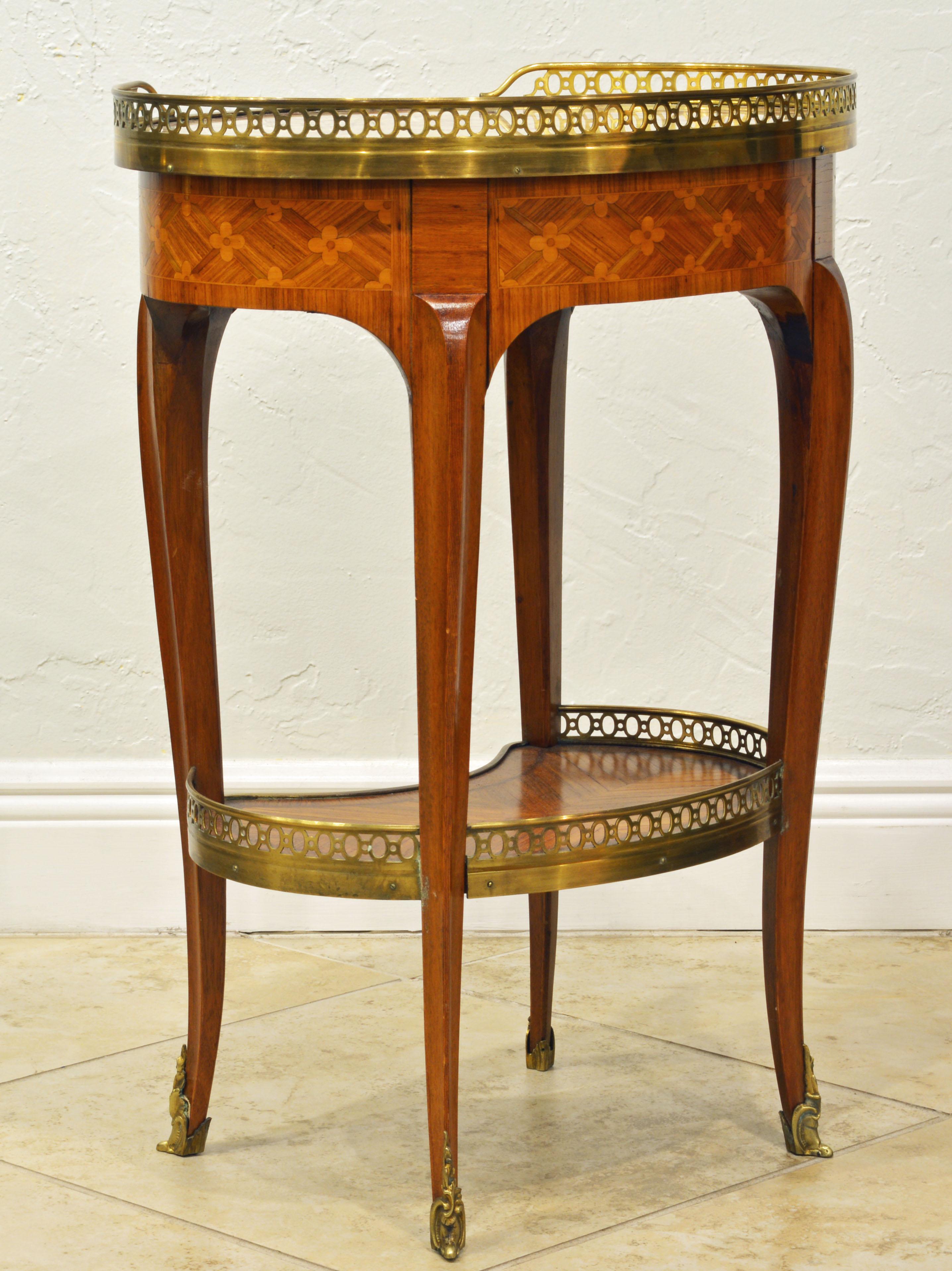 Louis XV French Kidney Shape Mable top and parquetry Two Tier Side Table