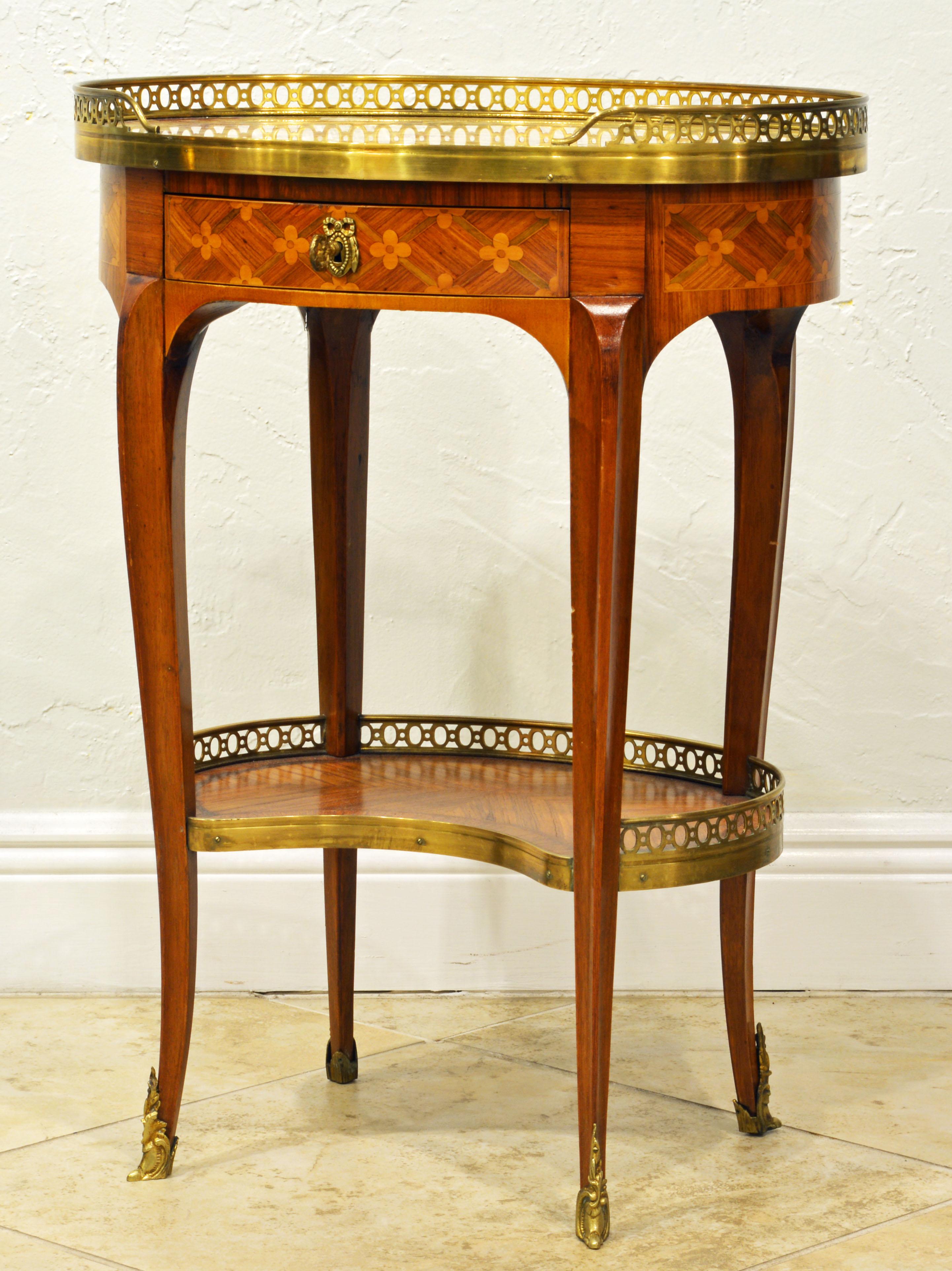 20th Century French Kidney Shape Mable top and parquetry Two Tier Side Table