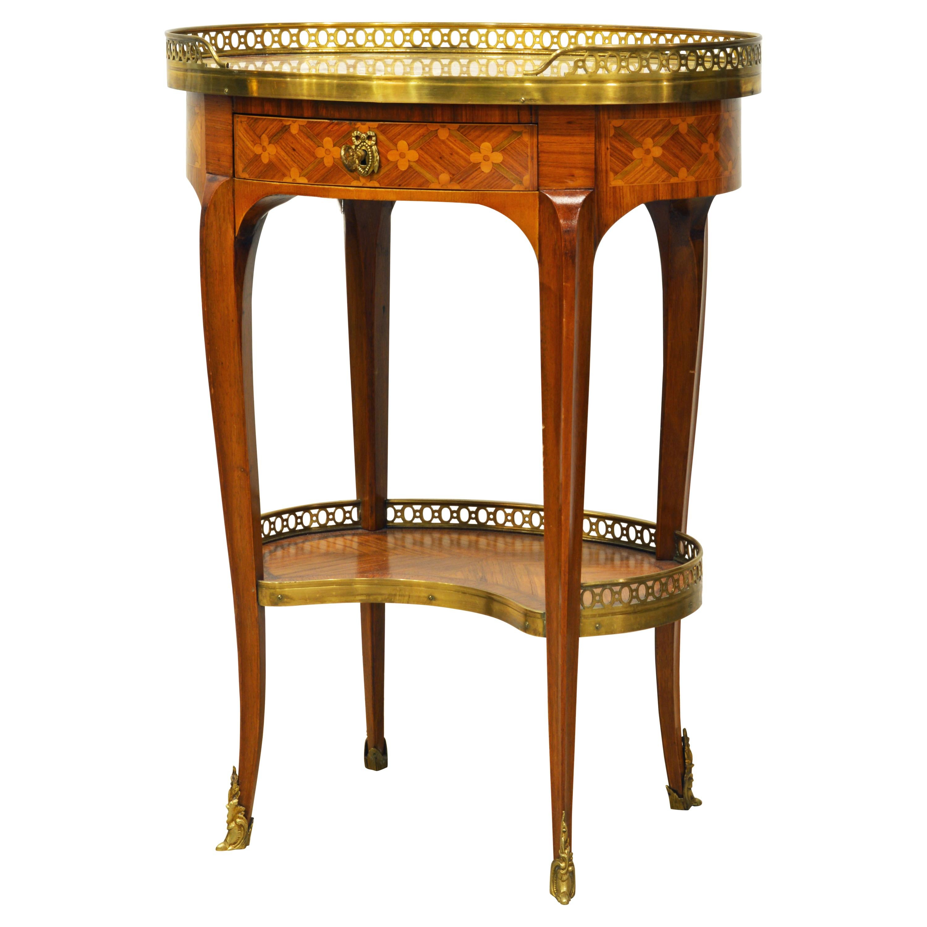 French Kidney Shape Mable top and parquetry Two Tier Side Table