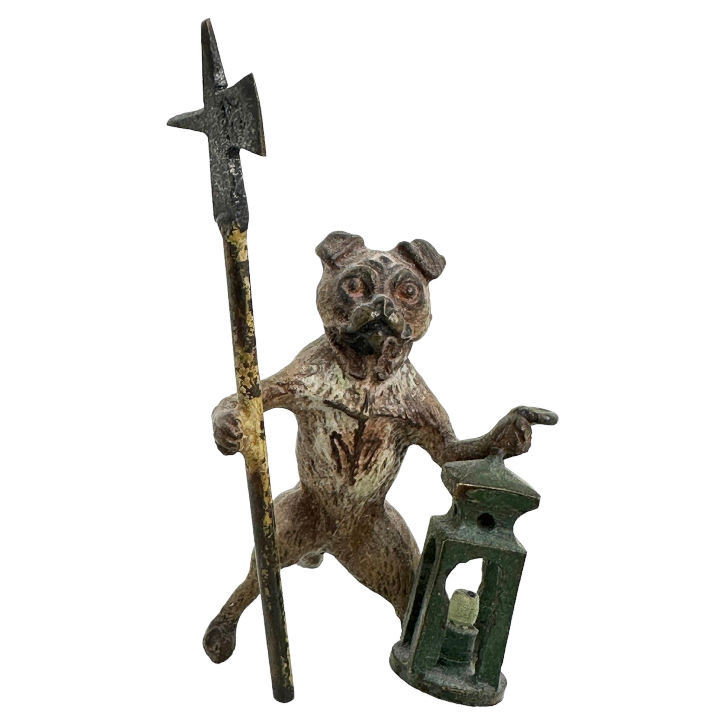 Frühes 20. Jahrhundert Mops Nachtwächter Österreich Wien Bronze Miniatur Figur