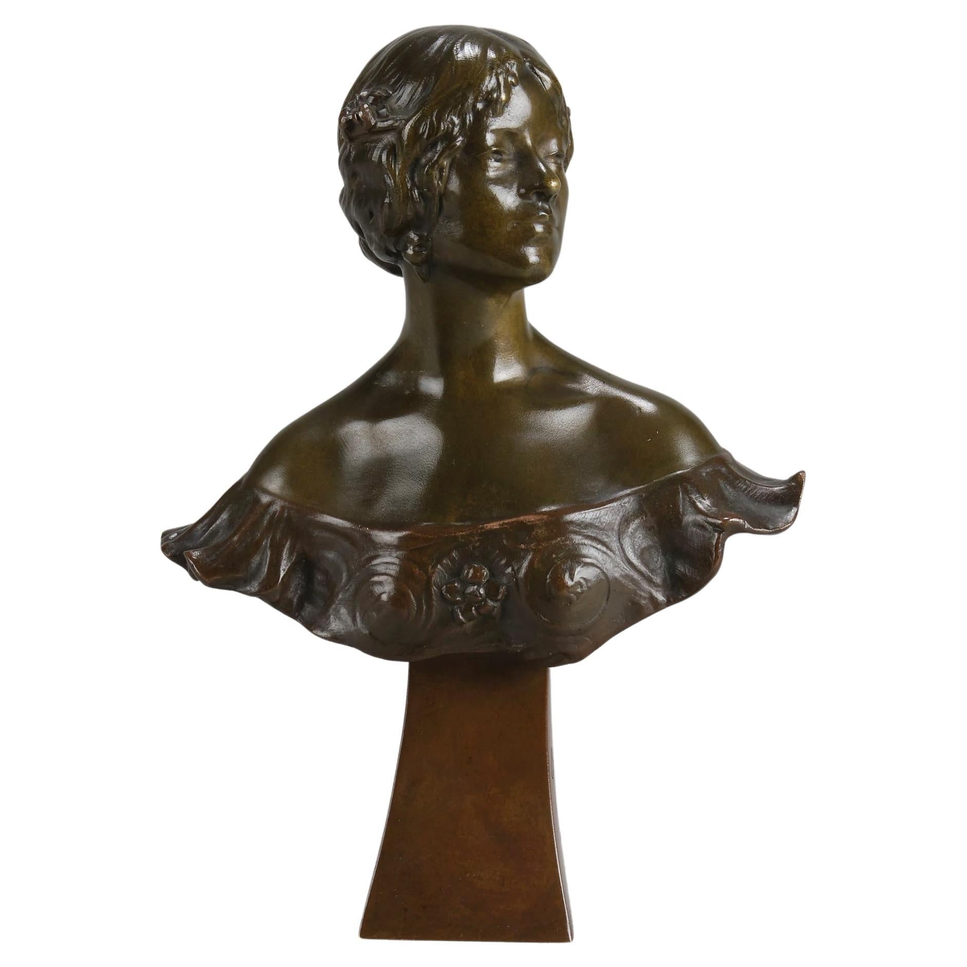 Französische Jugendstilbüste aus Bronze mit dem Titel „Art nouveau“ von Alexandre Caron aus dem frühen 20. Jahrhundert