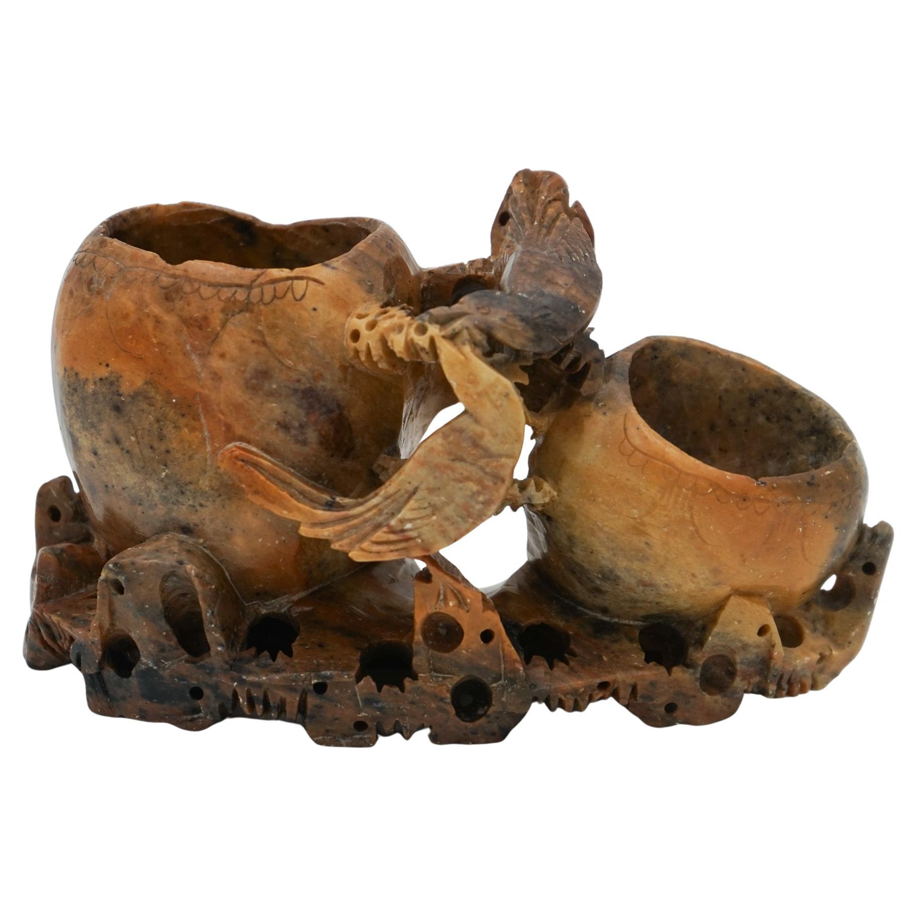 DECORATIVO IN PIETRA DI SAPONE INCISO A MANO DEL VENTESIMO SECOLO ORIENTALE 2 VASI