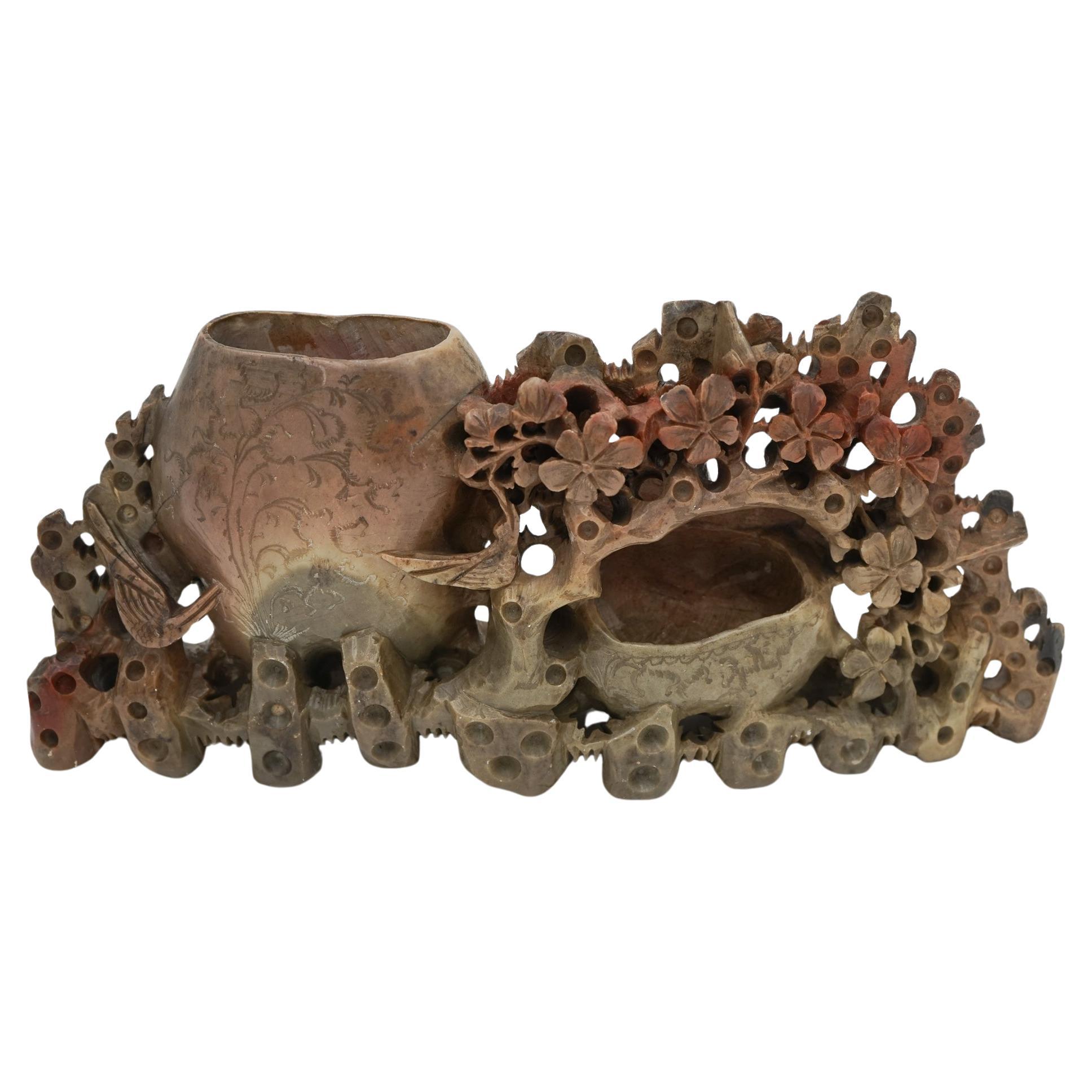 VASO DECORATIVO ORIENTALE CINESE DEL VENTESIMO SECOLO DI GRANDE DIMENSIONE intagliato a mano in pietra da sapone