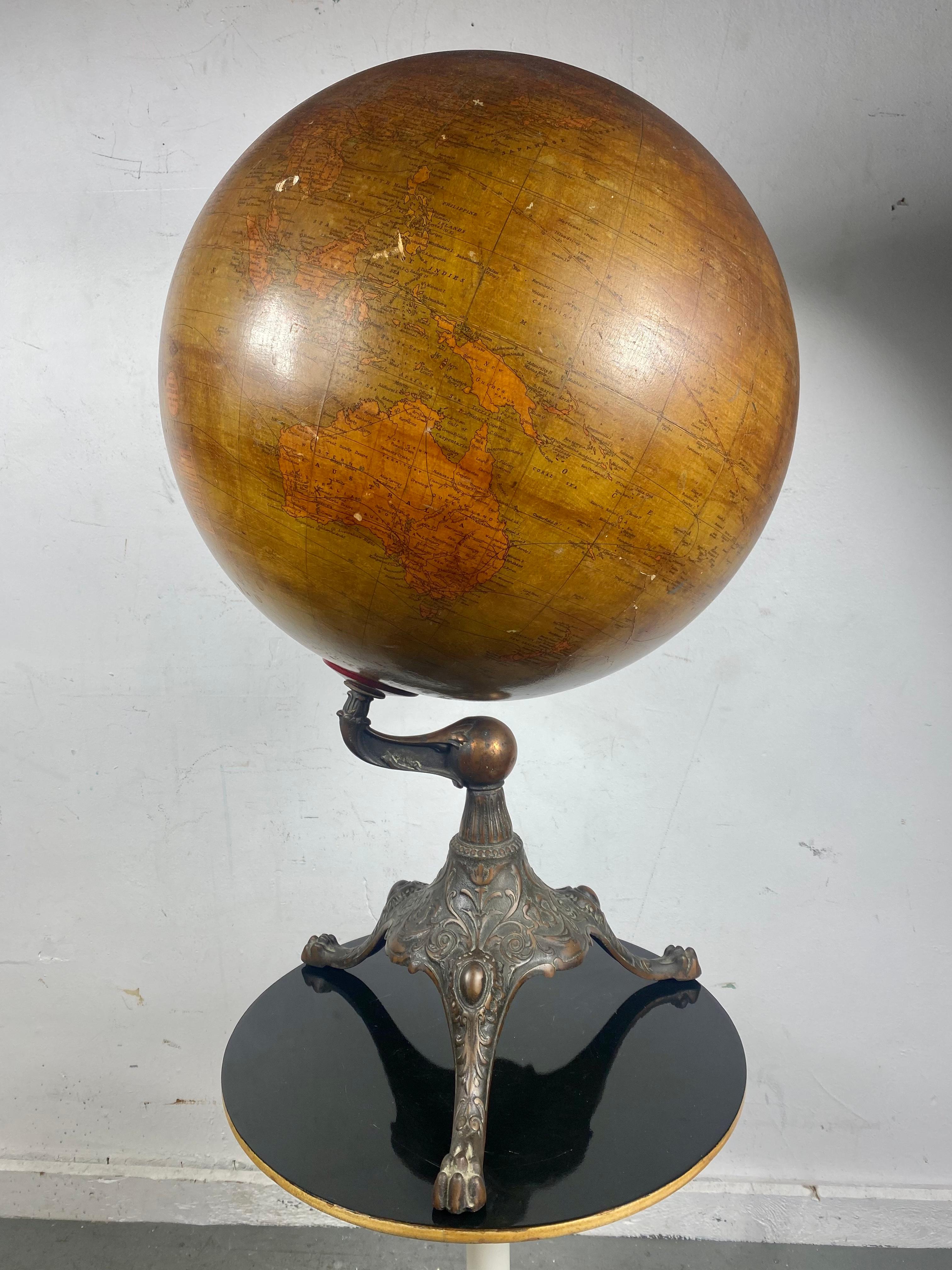 Industrial Early 20th Century Globe by Weber Costello Co. Ornate Cast Iron Base For Sale