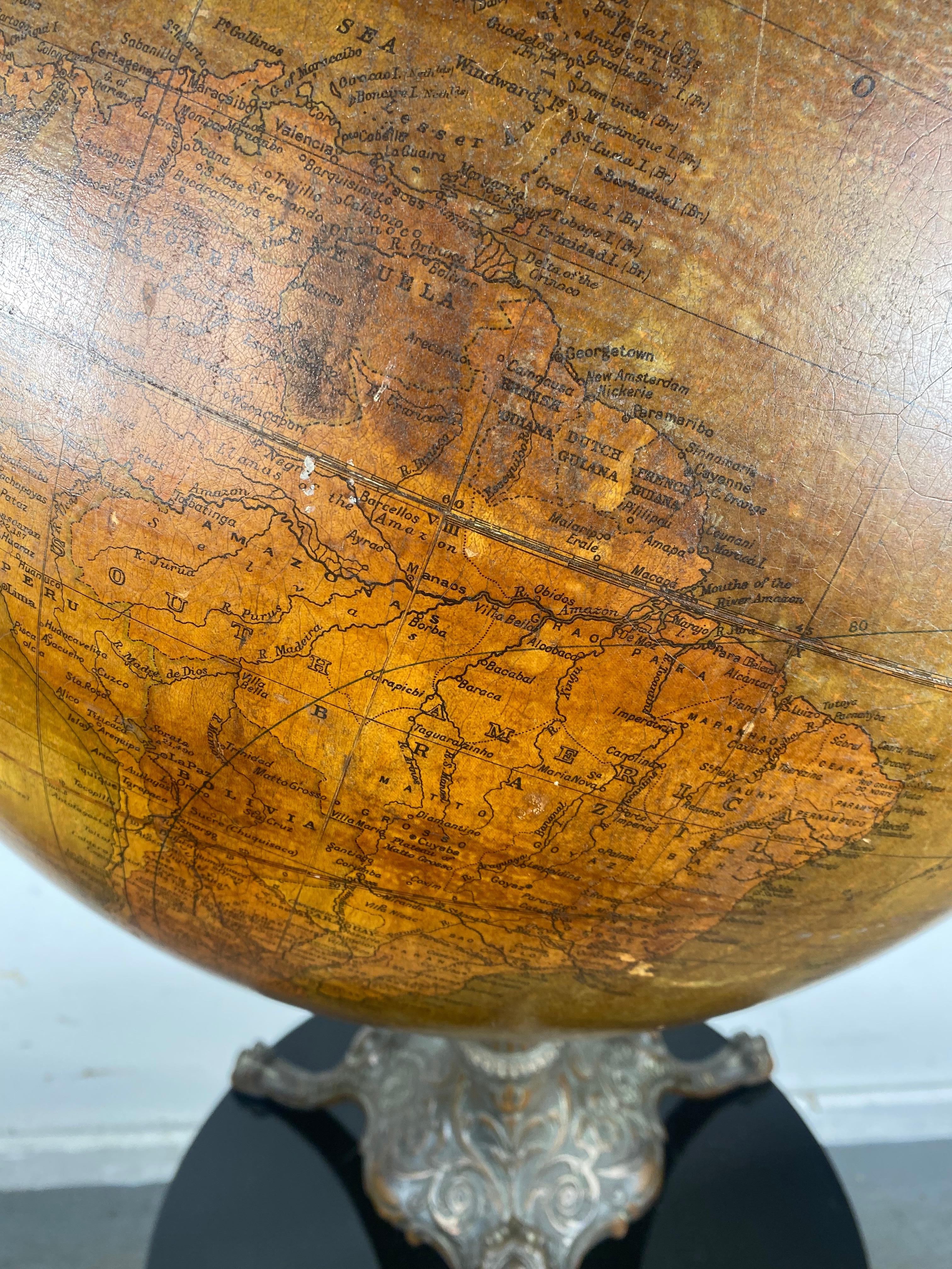 American Early 20th Century Globe by Weber Costello Co. Ornate Cast Iron Base For Sale