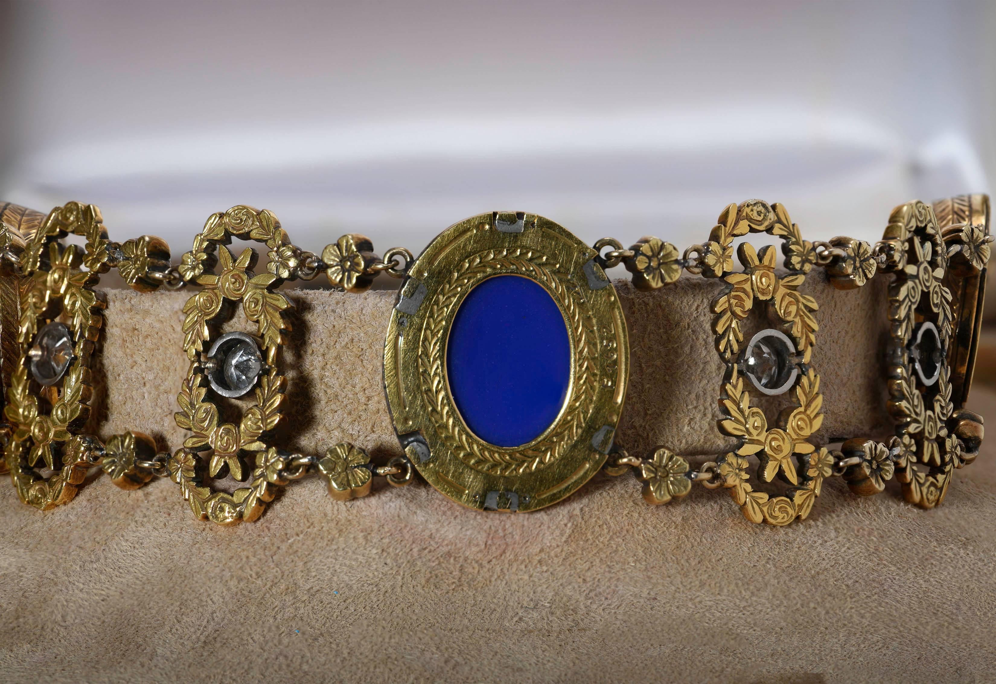 Early 20th Century 18 Karat Yellow Gold and Platinum French Micromosaic Bracelet 5