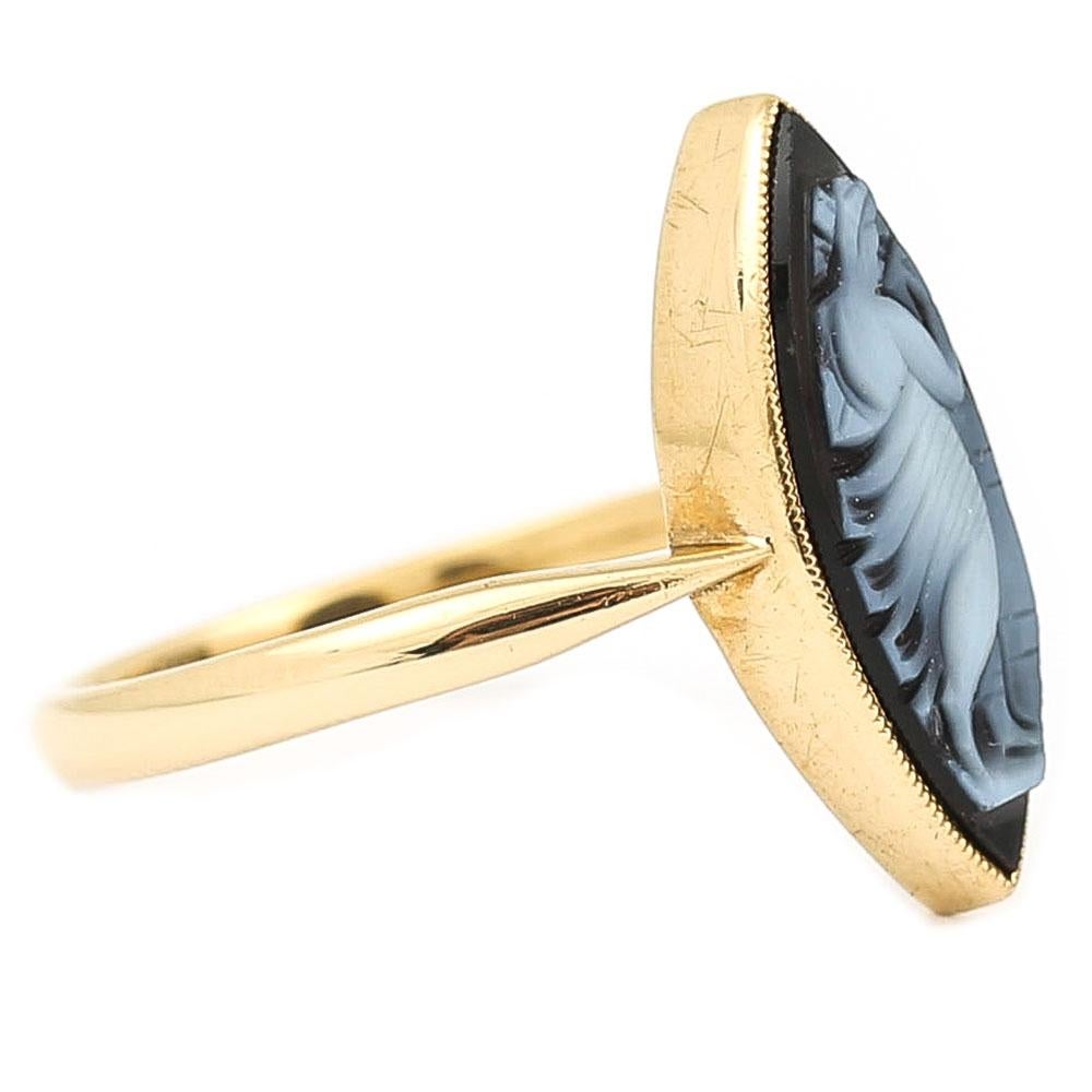 Aesthetic Movement Early 20th Century 18 Karat Yellow Gold Marquise Shape Blue Agate Cameo Ring
