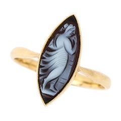 Early 20th Century 18 Karat Yellow Gold Marquise Shape Blue Agate Cameo Ring