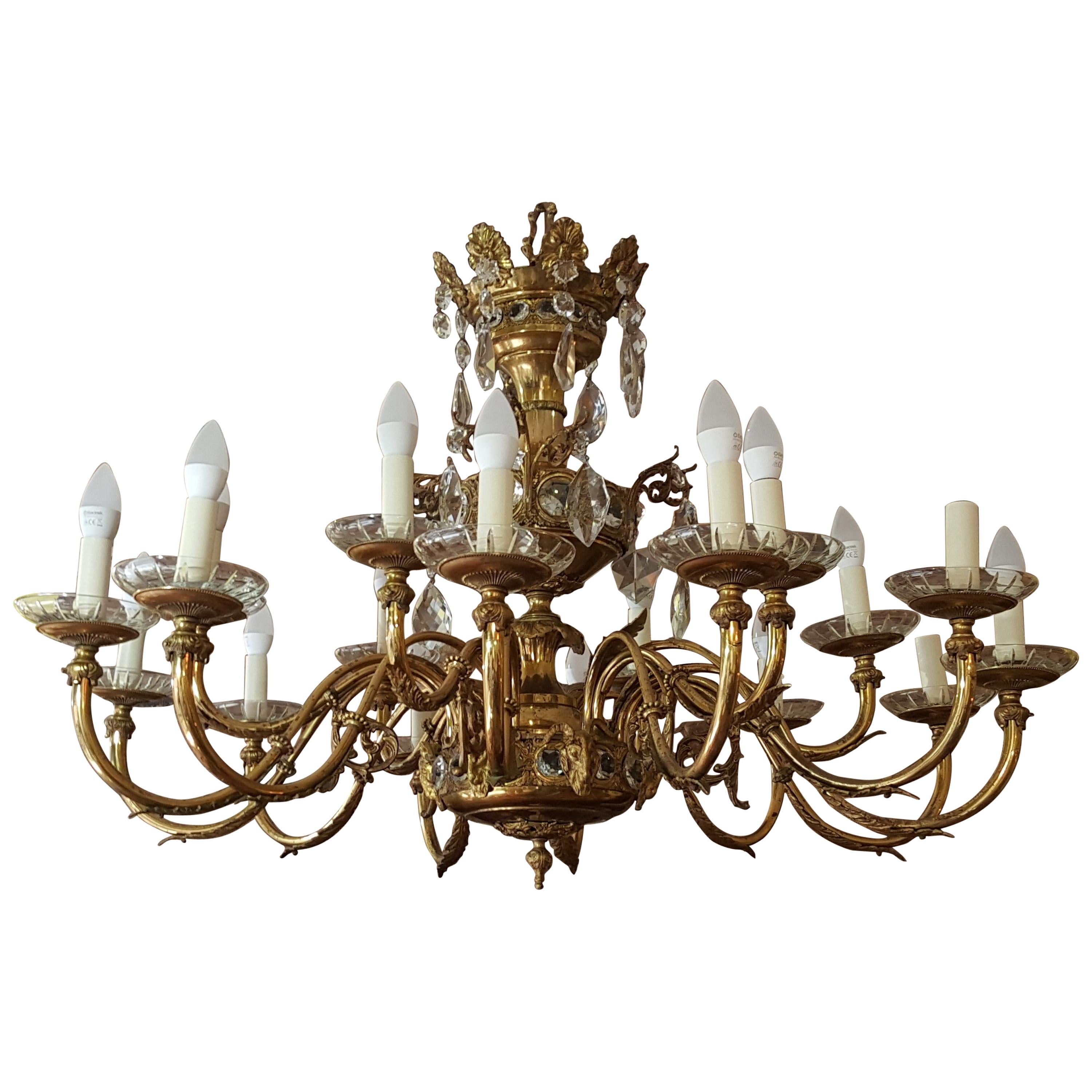 Early 20th Century 18-Light Brass and Crystal Chandelier