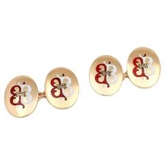 Early 20th Century 18ct Gold Double 'B' Enamel Cufflinks with Crowns in Box