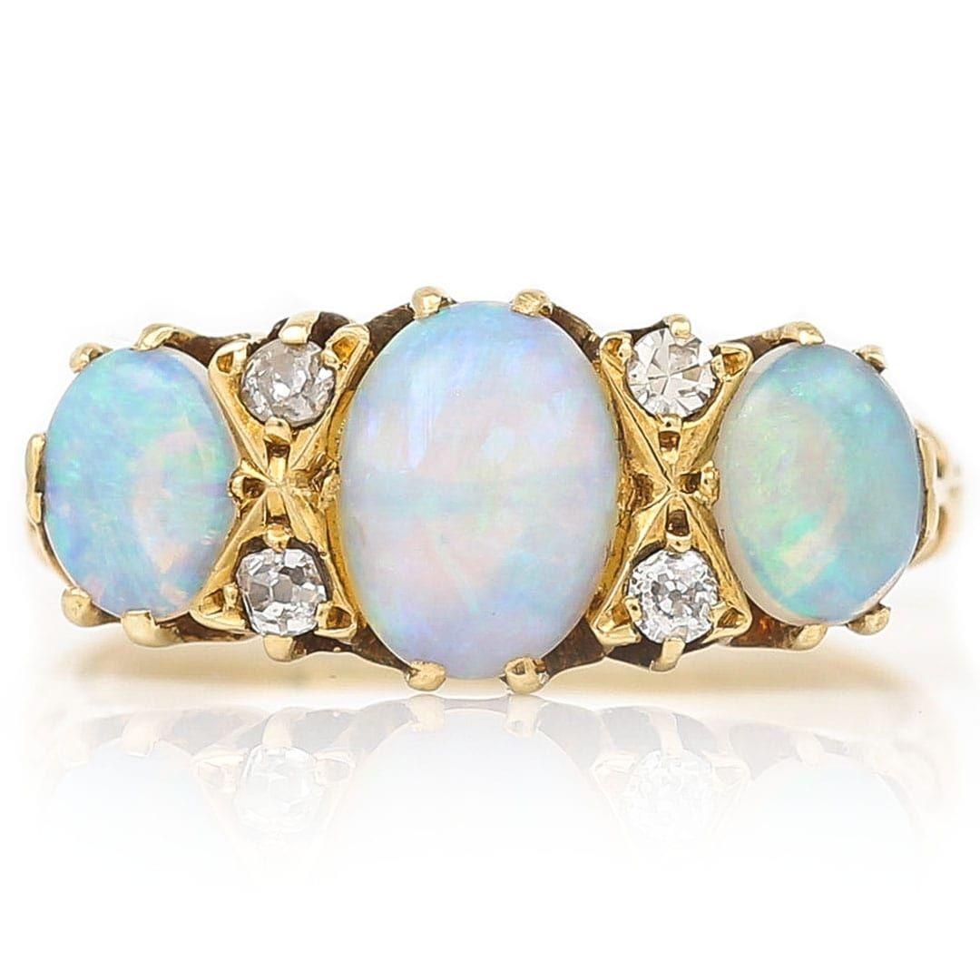 Edwardian Early 20th Century 18ct Gold Opal and Diamond Seven Stone Ring Circa 1910