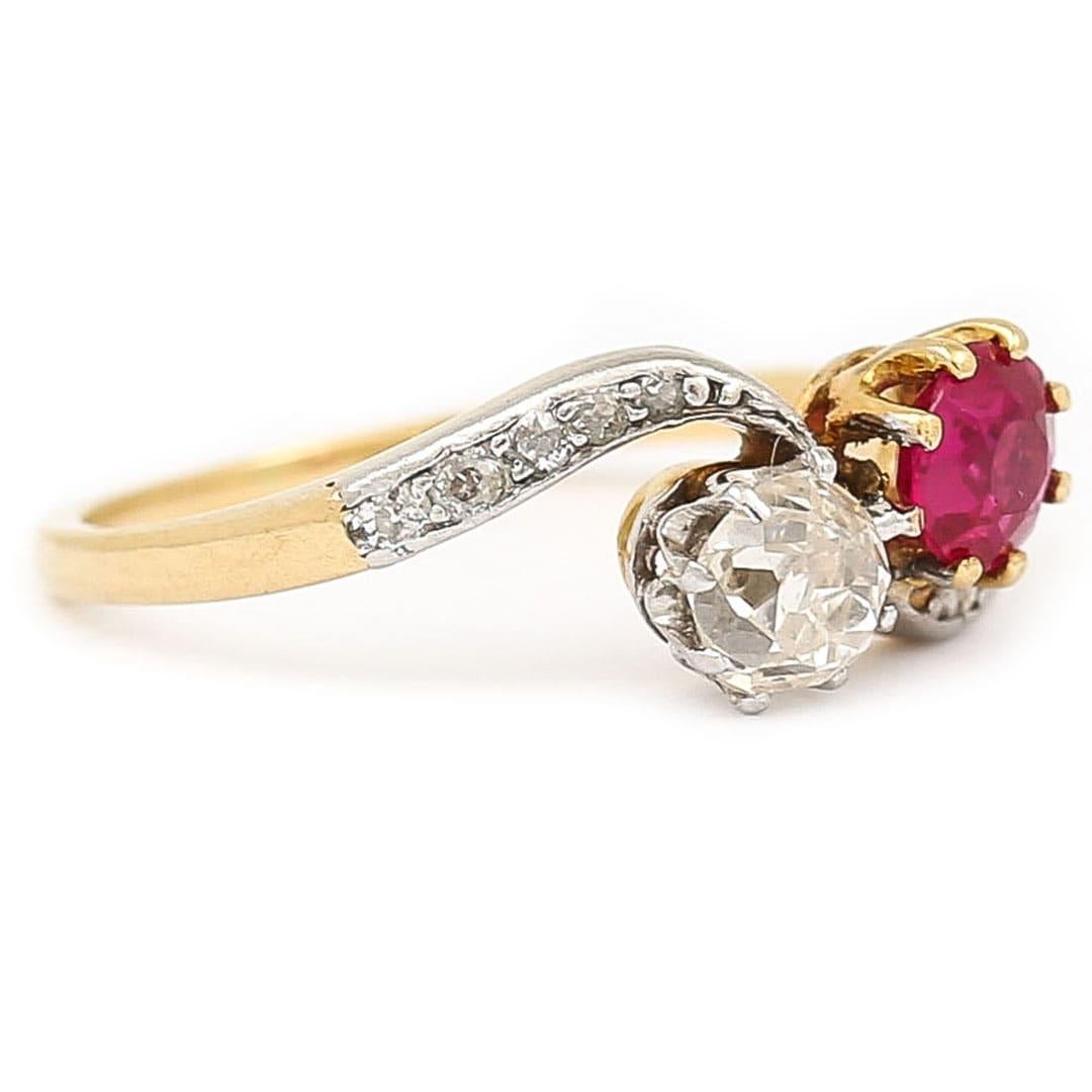 Victorian Early 20th Century 18ct Gold Ruby and Diamond Toi et Moi Ring