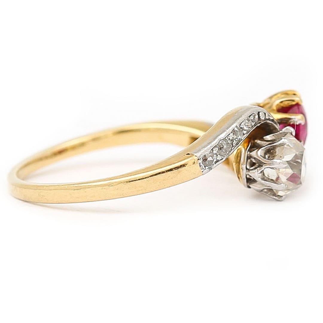 Old Mine Cut Early 20th Century 18ct Gold Ruby and Diamond Toi et Moi Ring