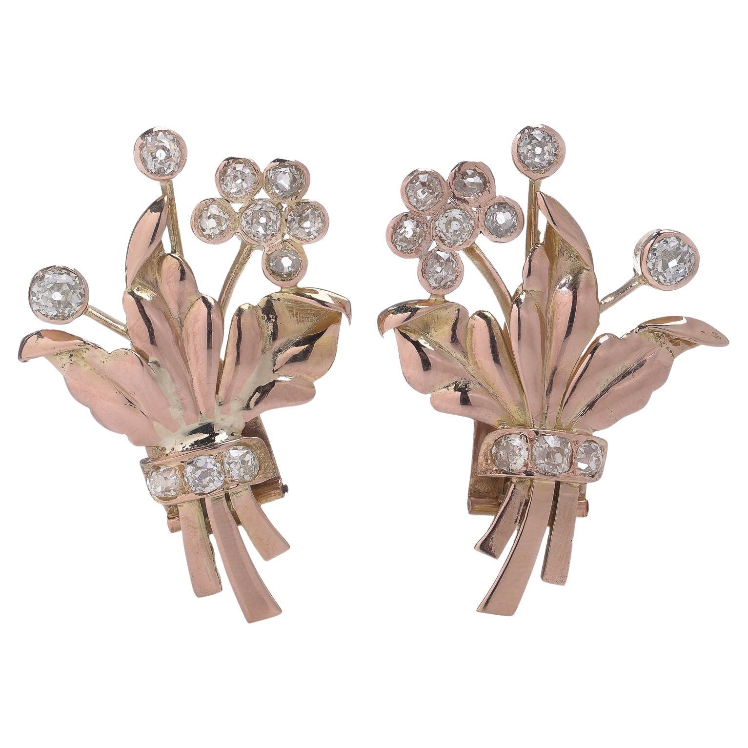 Early 20th Century 18kt Gold Diamond Floral Earrings – 2.8 cts Total