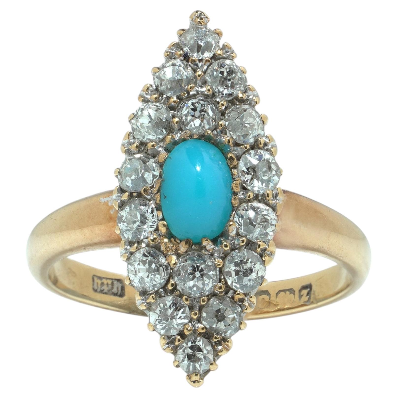 Anello a grappolo con turchese e diamanti antichi in oro 18KT dei primi del Novecento in vendita