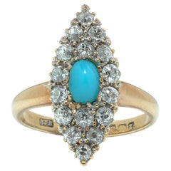Early 20th Century 18KT Gold Turquoise and Old Cut Diamond Cluster Ring
