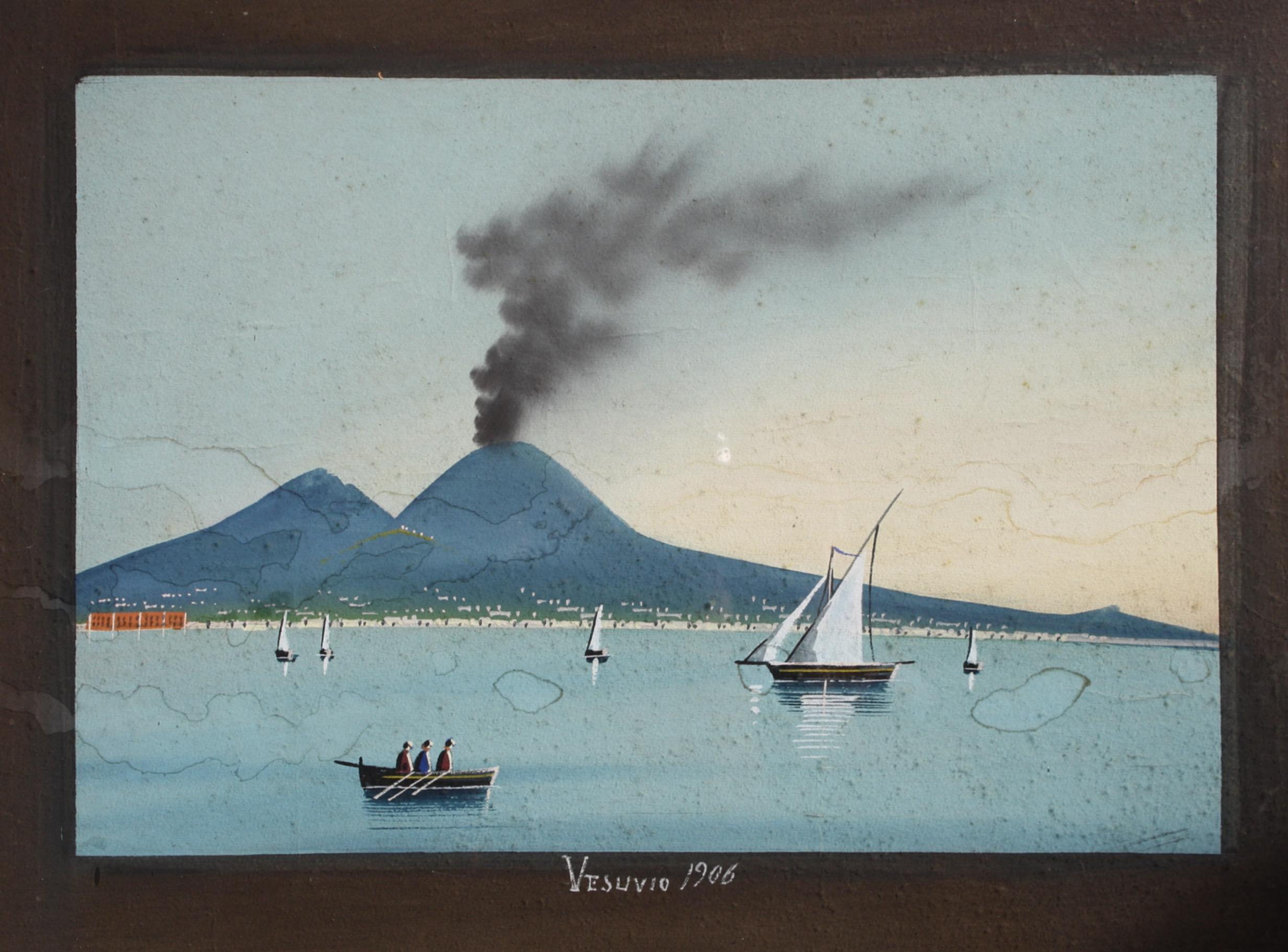 Early 20Th Century 1906 Gouache Of Vesuvius Bay of Naples Grand Tour  3