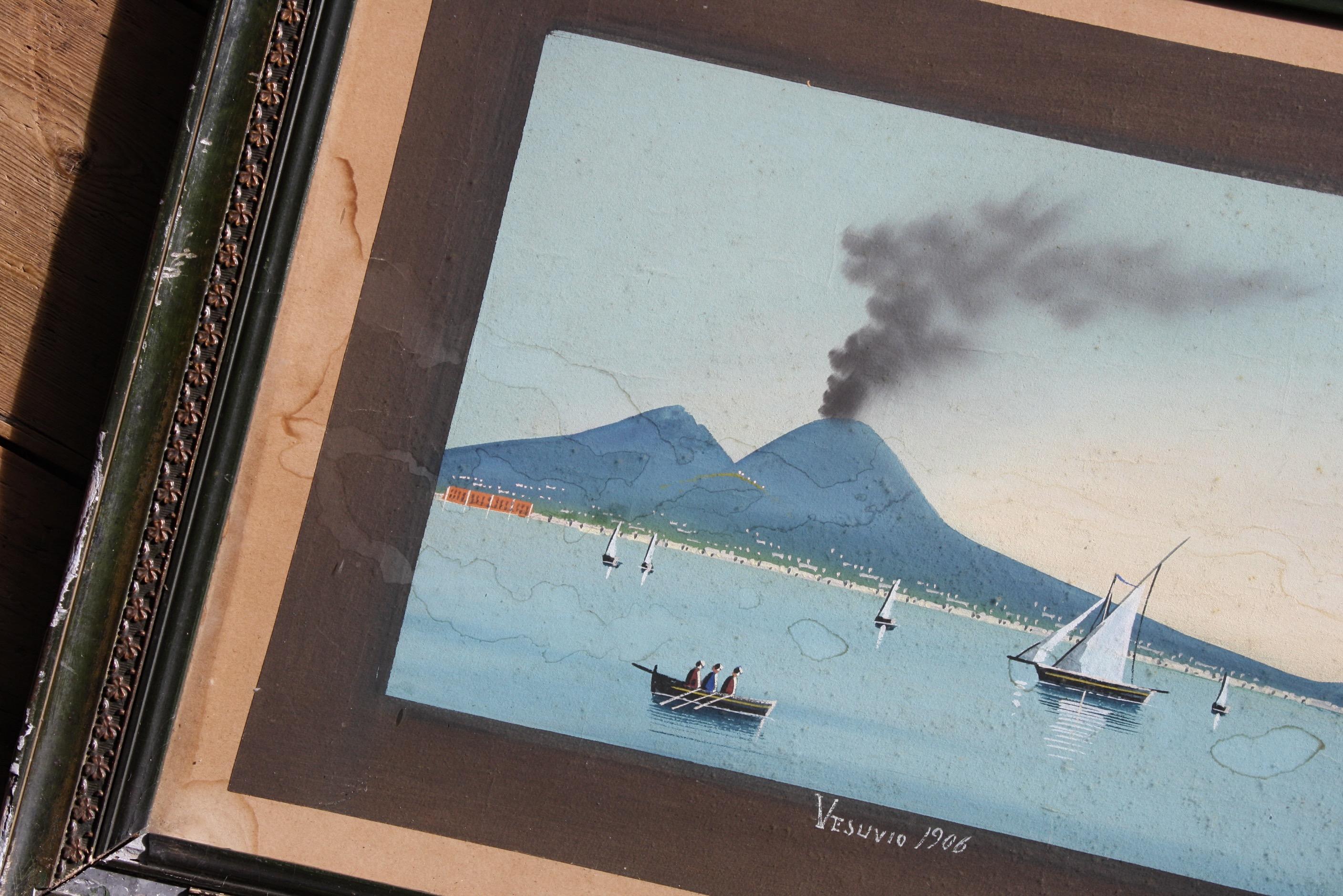 Early 20Th Century 1906 Gouache Of Vesuvius Bay of Naples Grand Tour  4