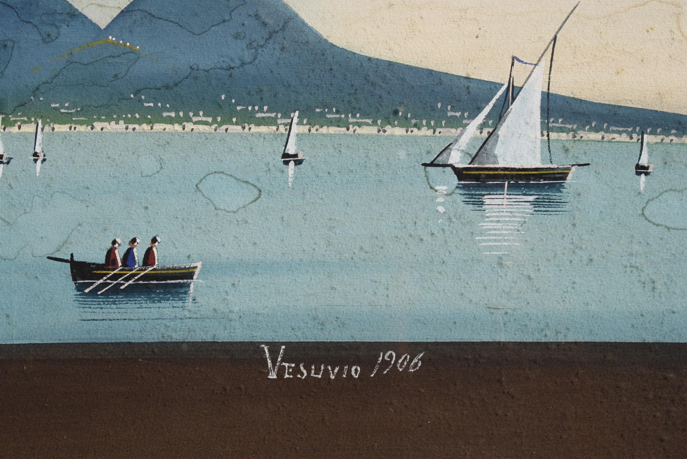 Italian Early 20Th Century 1906 Gouache Of Vesuvius Bay of Naples Grand Tour 