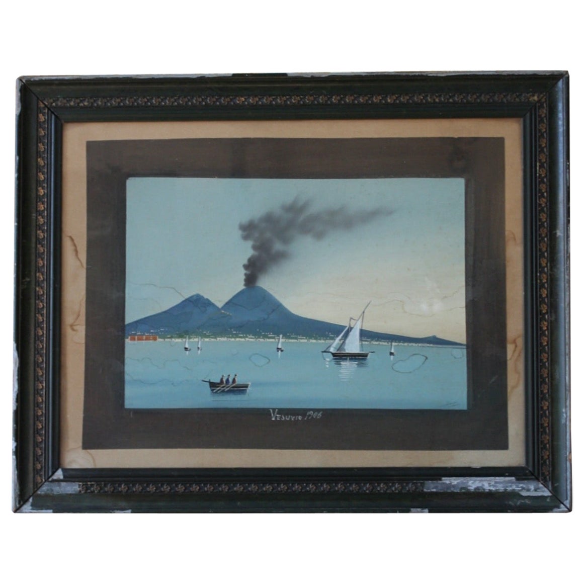 Early 20Th Century 1906 Gouache Of Vesuvius Bay of Naples Grand Tour