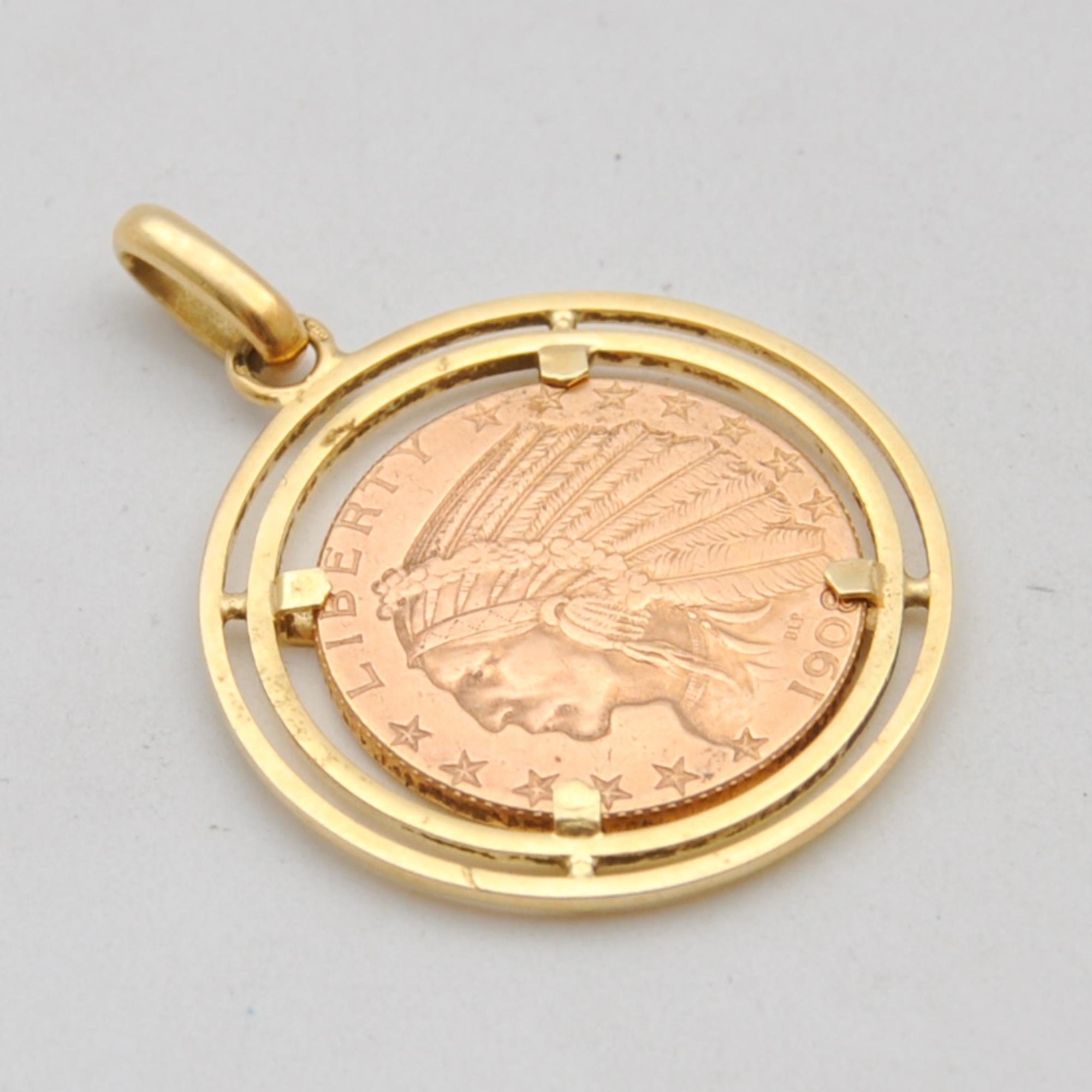 1908 American Eagle Five Dollar 21.6K Gold Coin Pendant In Good Condition For Sale In Rotterdam, NL