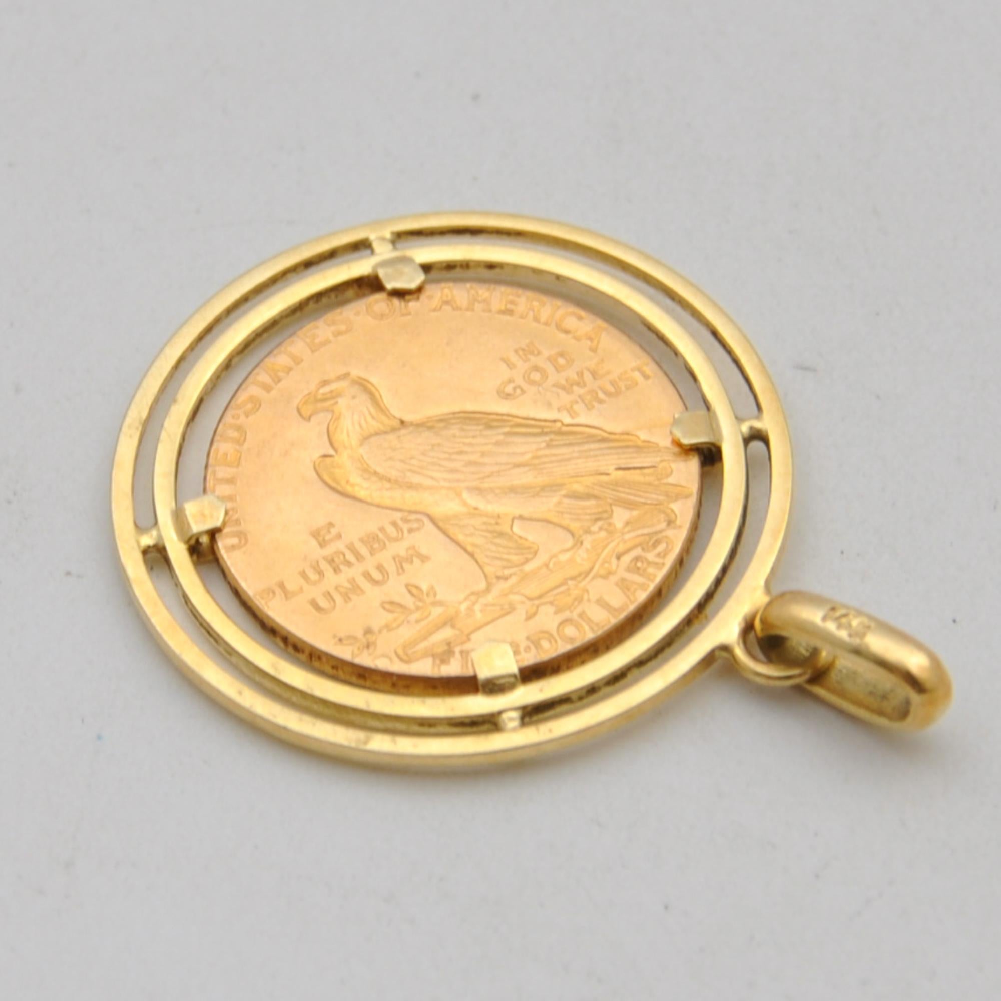 Women's or Men's 1908 American Eagle Five Dollar 21.6K Gold Coin Pendant For Sale