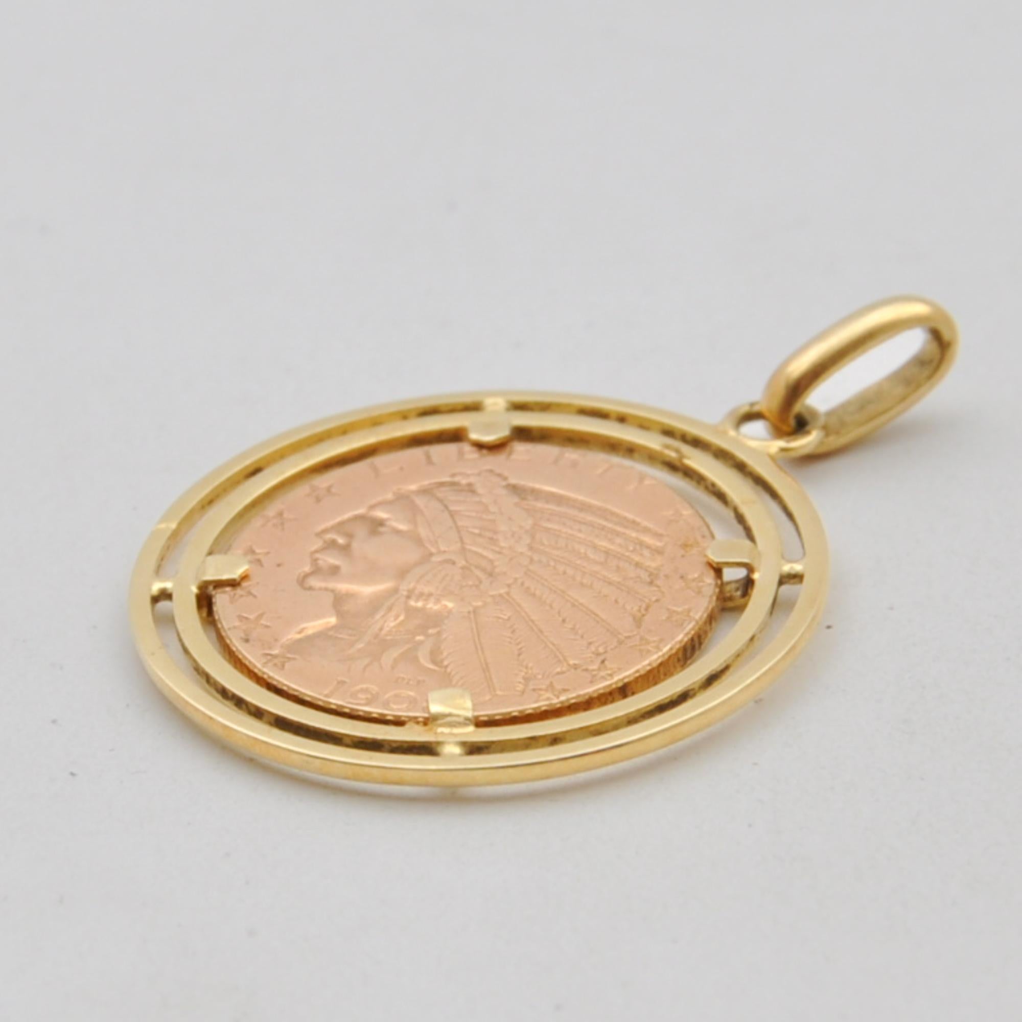 1908 American Eagle Five Dollar 21.6K Gold Coin Pendant For Sale 1