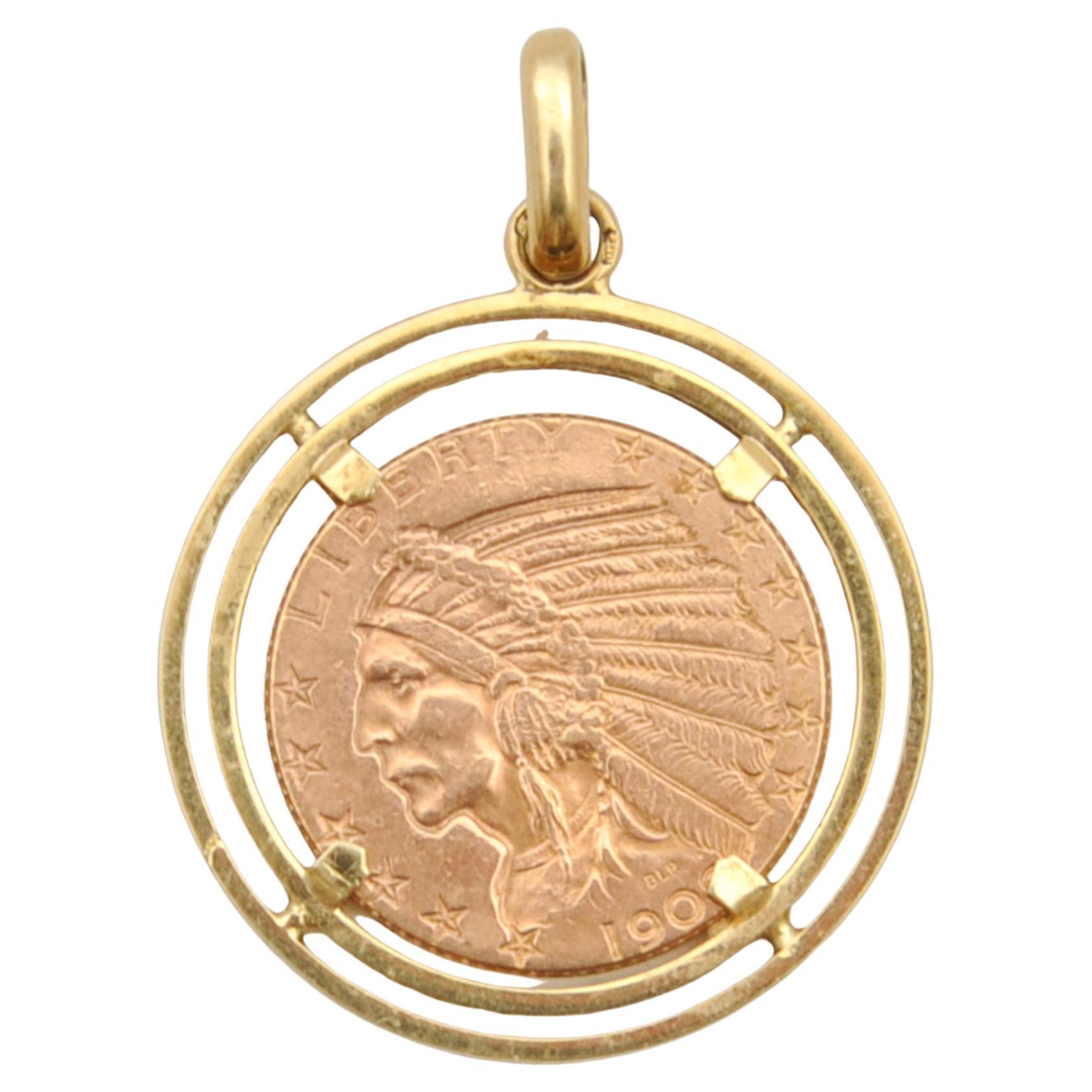 1908 American Eagle Five Dollar 21.6K Gold Coin Pendant For Sale