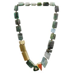 Early 20th Century 22kt Gold Necklace with Aquamarine, Emerald, Coral and Diamon