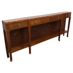 Early 20th Century 249cm Long Burr Elm Console Table With Patterned Inlay