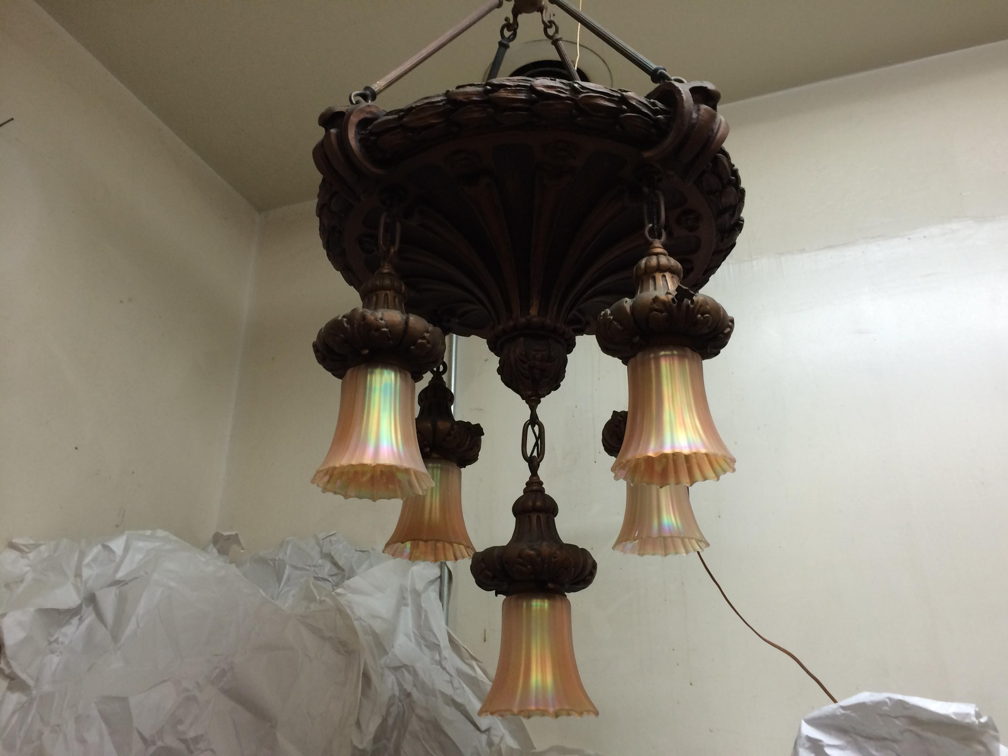 Late Victorian  Early 20th Century 5 Arm Gesso Chandelier w/ 5 Original 