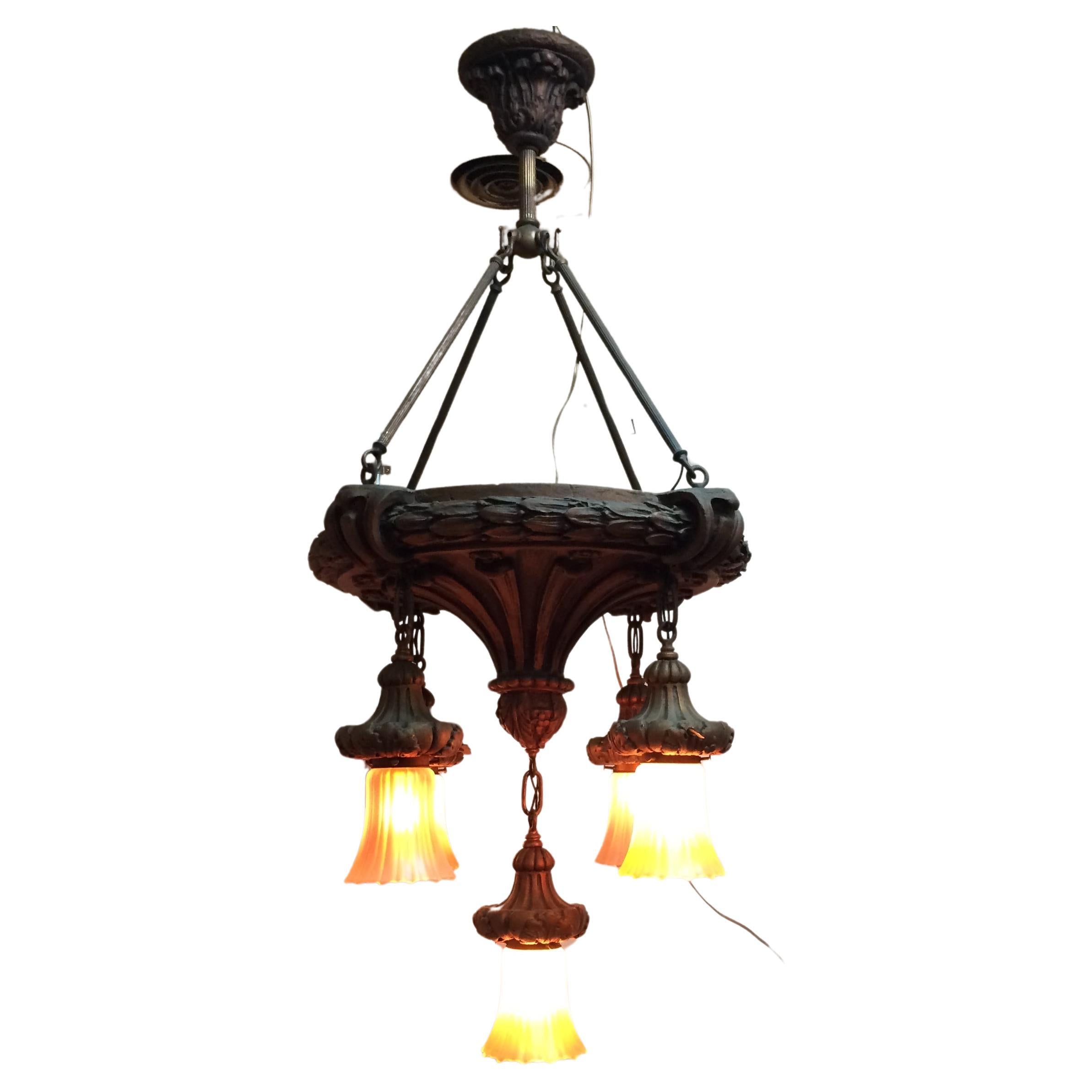  Early 20th Century 5 Arm Gesso Chandelier w/ 5 Original "Nuart" Glass Shades For Sale