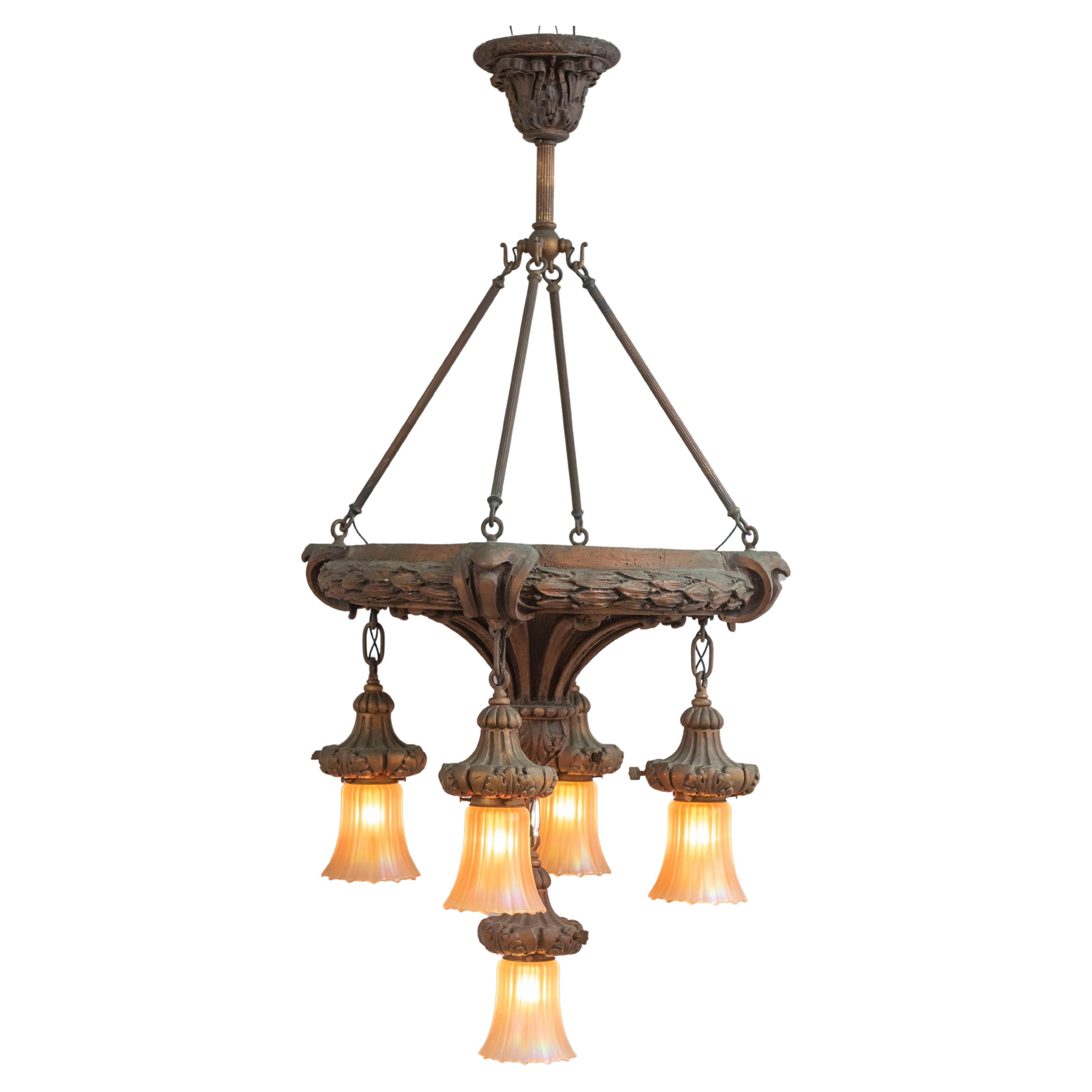 Early 20th Century 5 Arm Gesso Chandelier w/ 5 Original "Nuart" Glass Shades