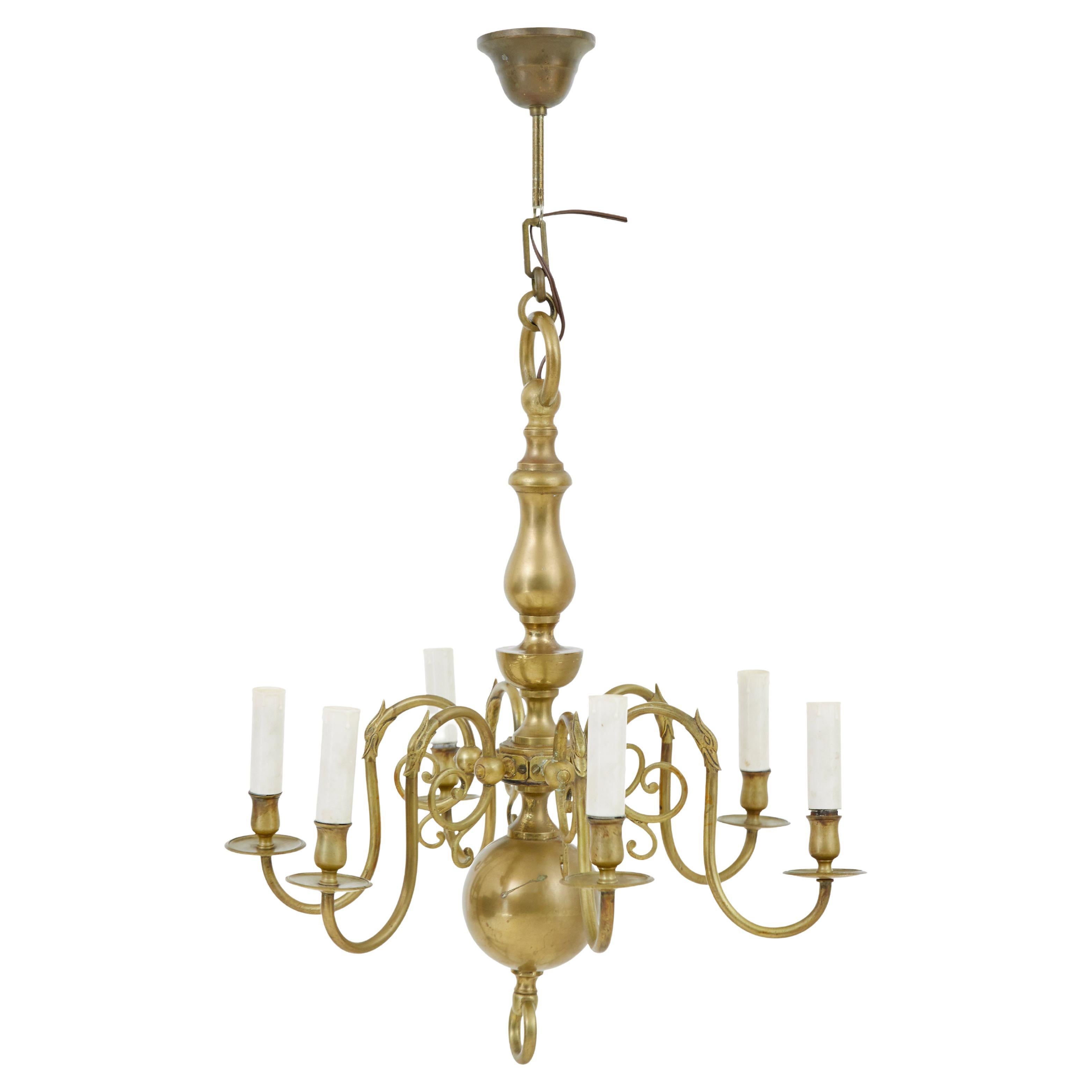 Early 20th century 6 arm brass chandelier For Sale