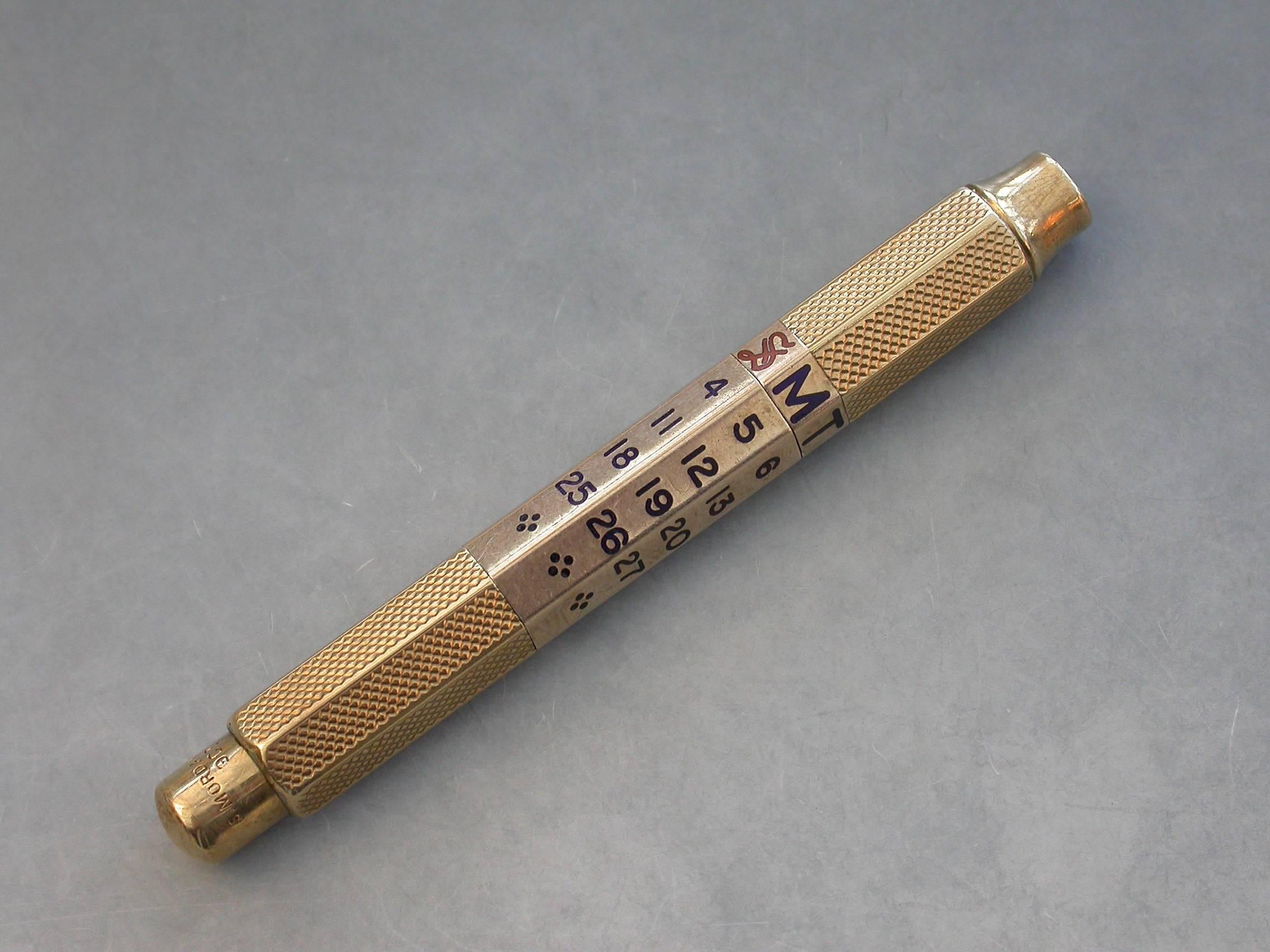 George V Early 20th Century 9-Carat Gravity Drop Perpetual Calendar Propelling Pencil For Sale