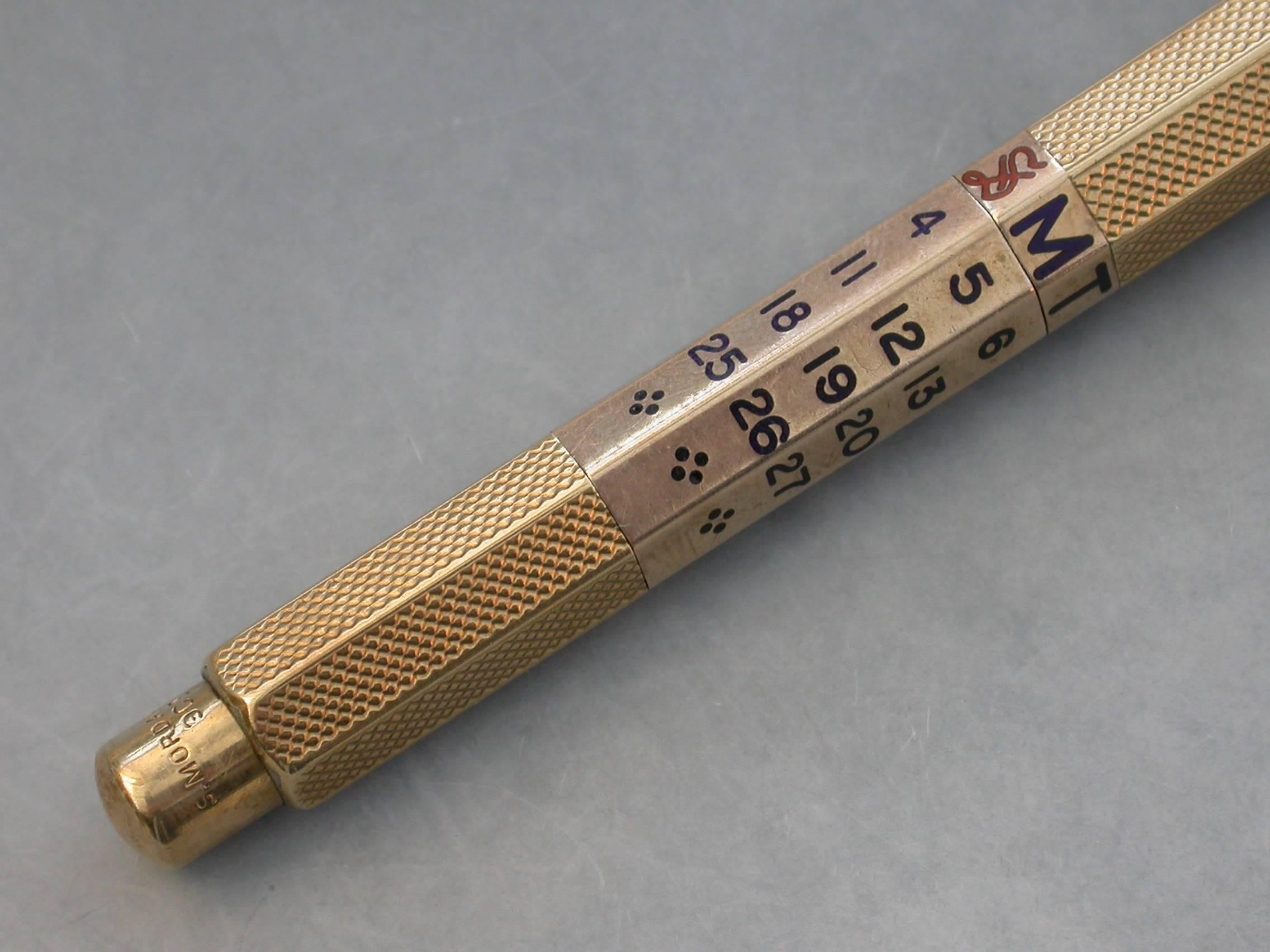 9k Gold Early 20th Century 9-Carat Gravity Drop Perpetual Calendar Propelling Pencil For Sale