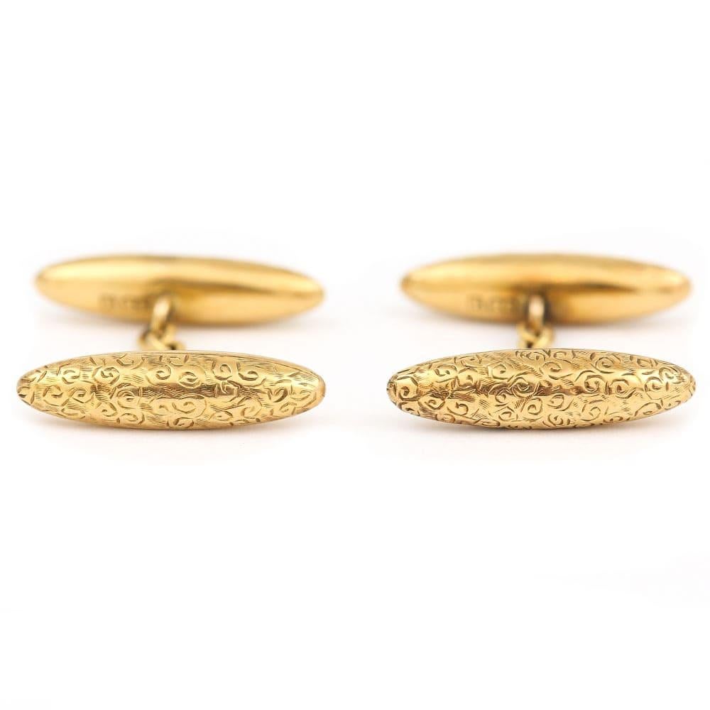 Edwardian Early 20th Century 9 Karat Yellow Gold Engraved Torpedo Cufflinks, Original Box