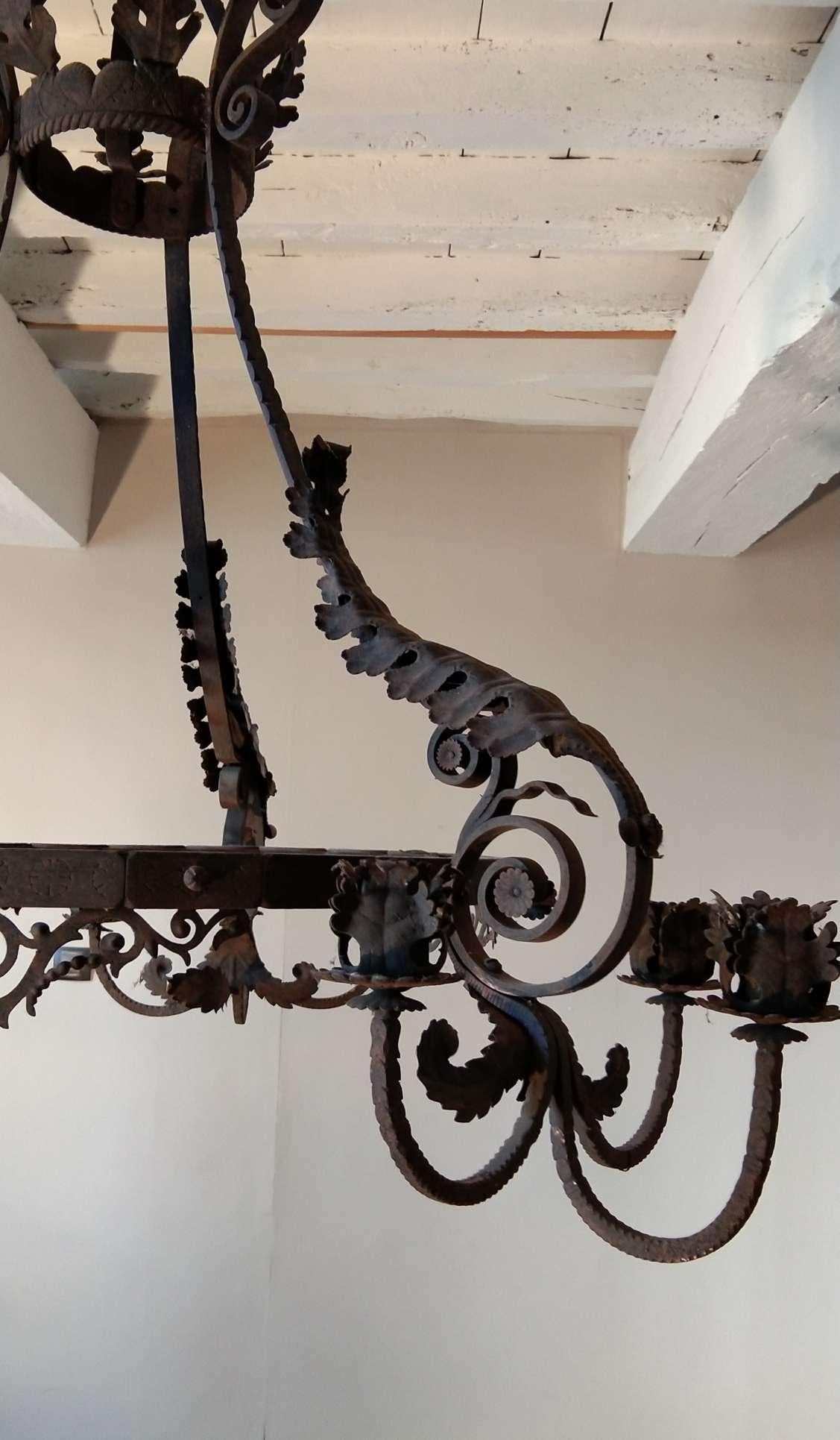 Hand-Painted Early 20th Century 9-Light French Iron Chandelier For Sale