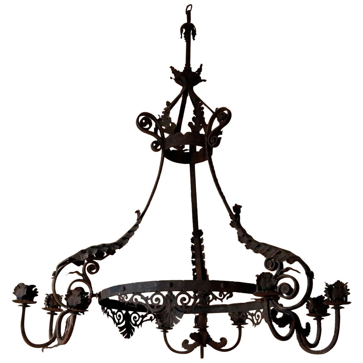 Early 20th Century 9-Light French Iron Chandelier For Sale