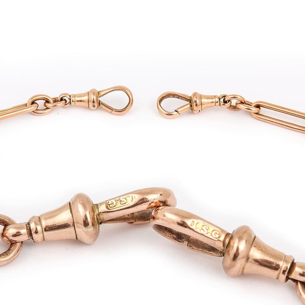 Early 20th Century 9k 9ct Rose Gold Trombone Link Albert Watch Chain In Good Condition In Lancashire, Oldham