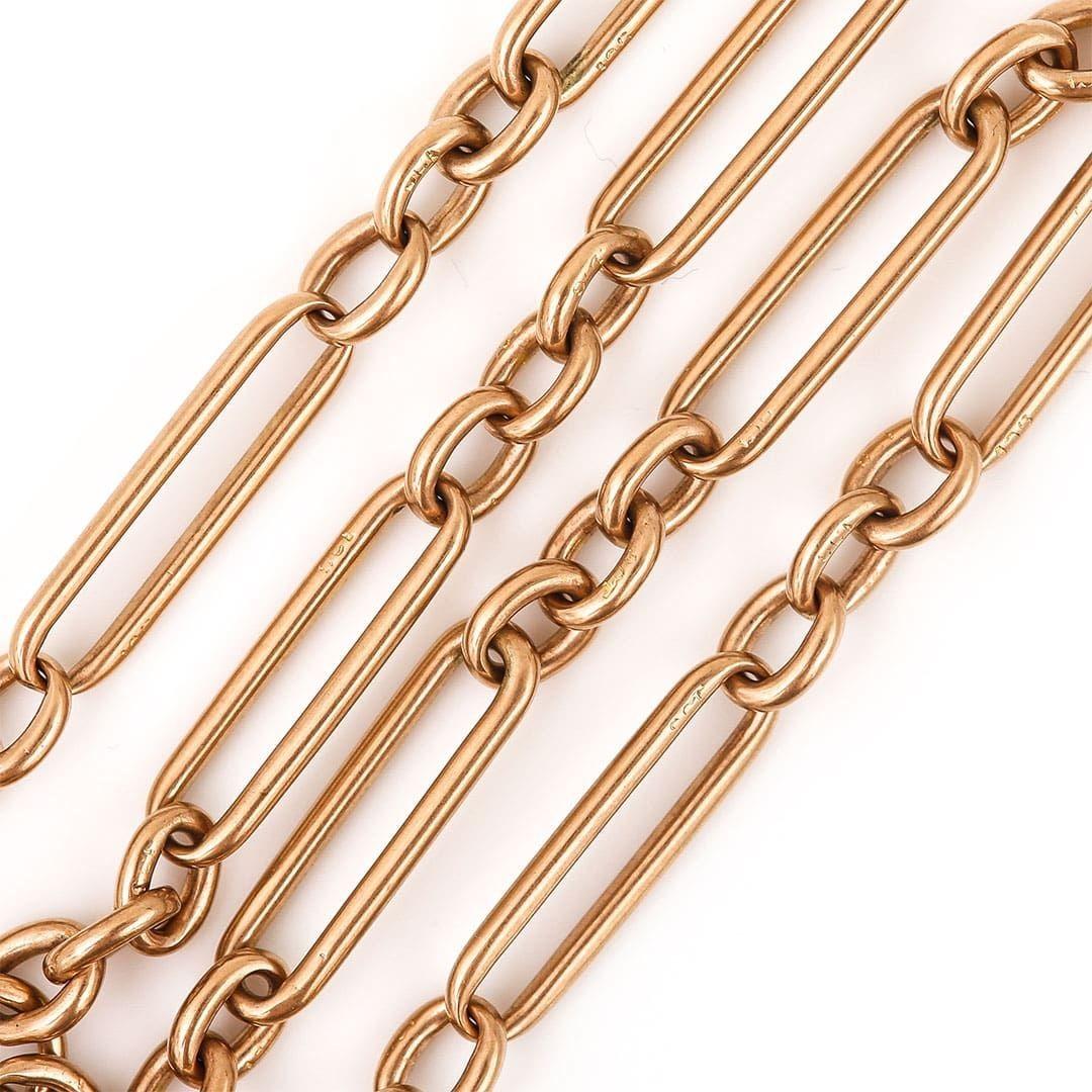 Early 20th Century 9k 9ct Rose Gold Trombone Link Albert Watch Chain In Good Condition In Lancashire, Oldham