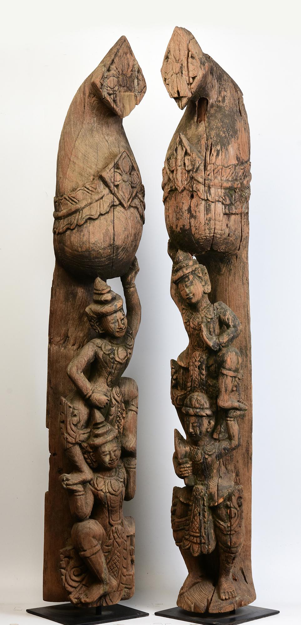 Early 20th Century, A Pair of Antique Burmese Wooden Finial Chofa with Figures For Sale 6