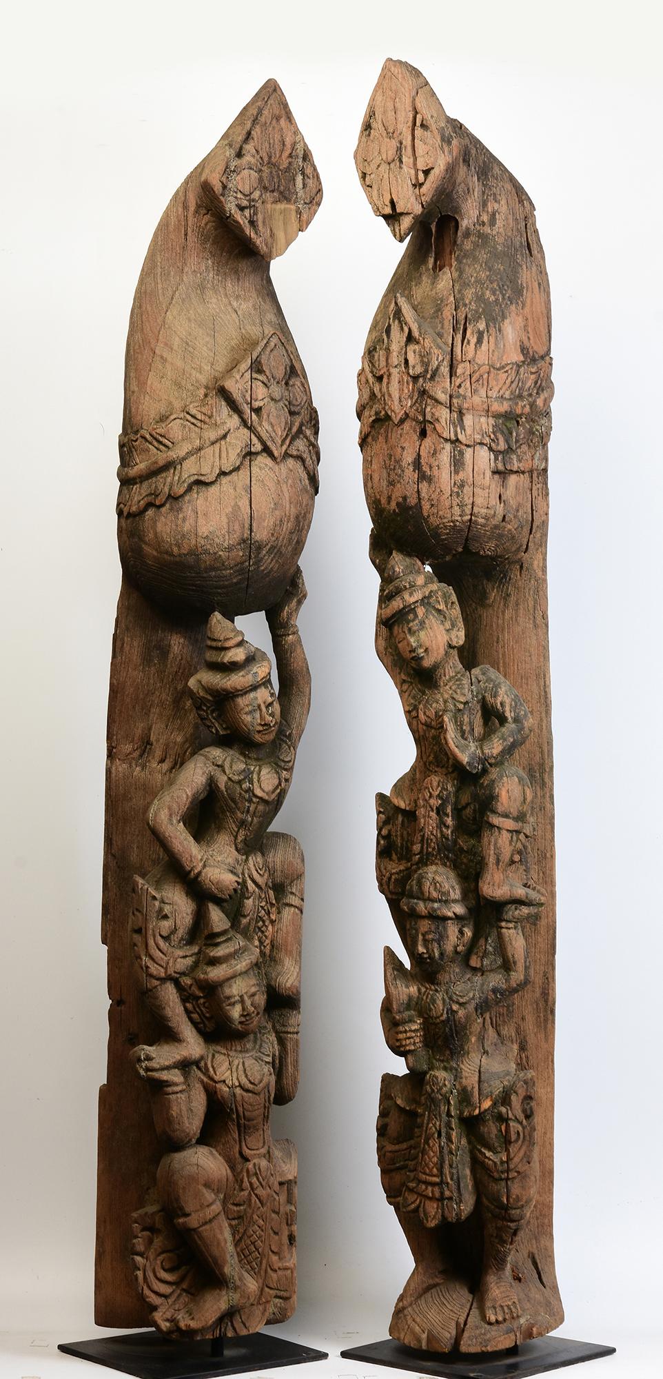 Early 20th Century, A Pair of Antique Burmese Wooden Finial Chofa with Figures For Sale 10