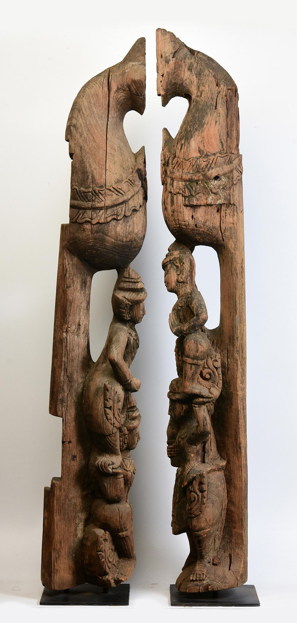 Early 20th Century, A Pair of Antique Burmese Wooden Finial Chofa with Figures For Sale 11