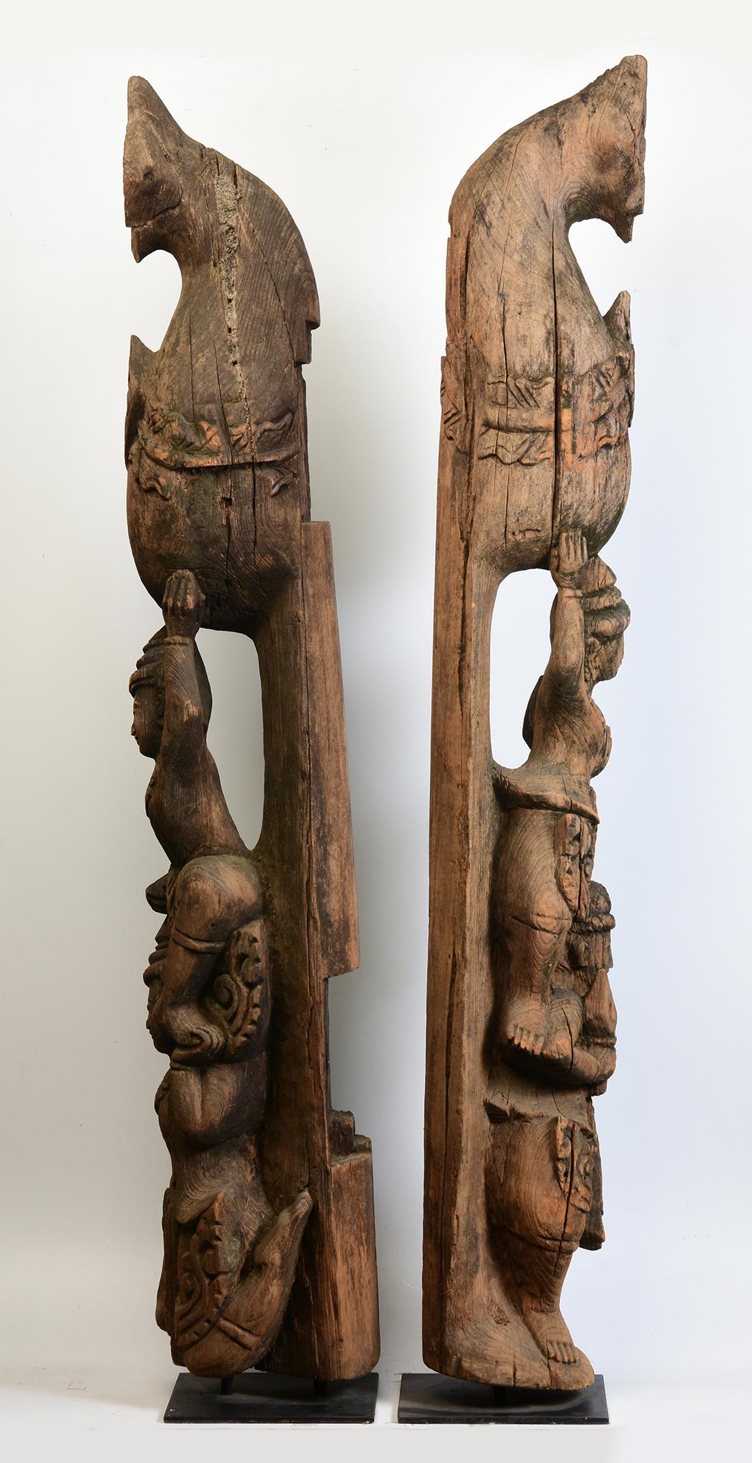 Early 20th Century, A Pair of Antique Burmese Wooden Finial Chofa with Figures For Sale 15