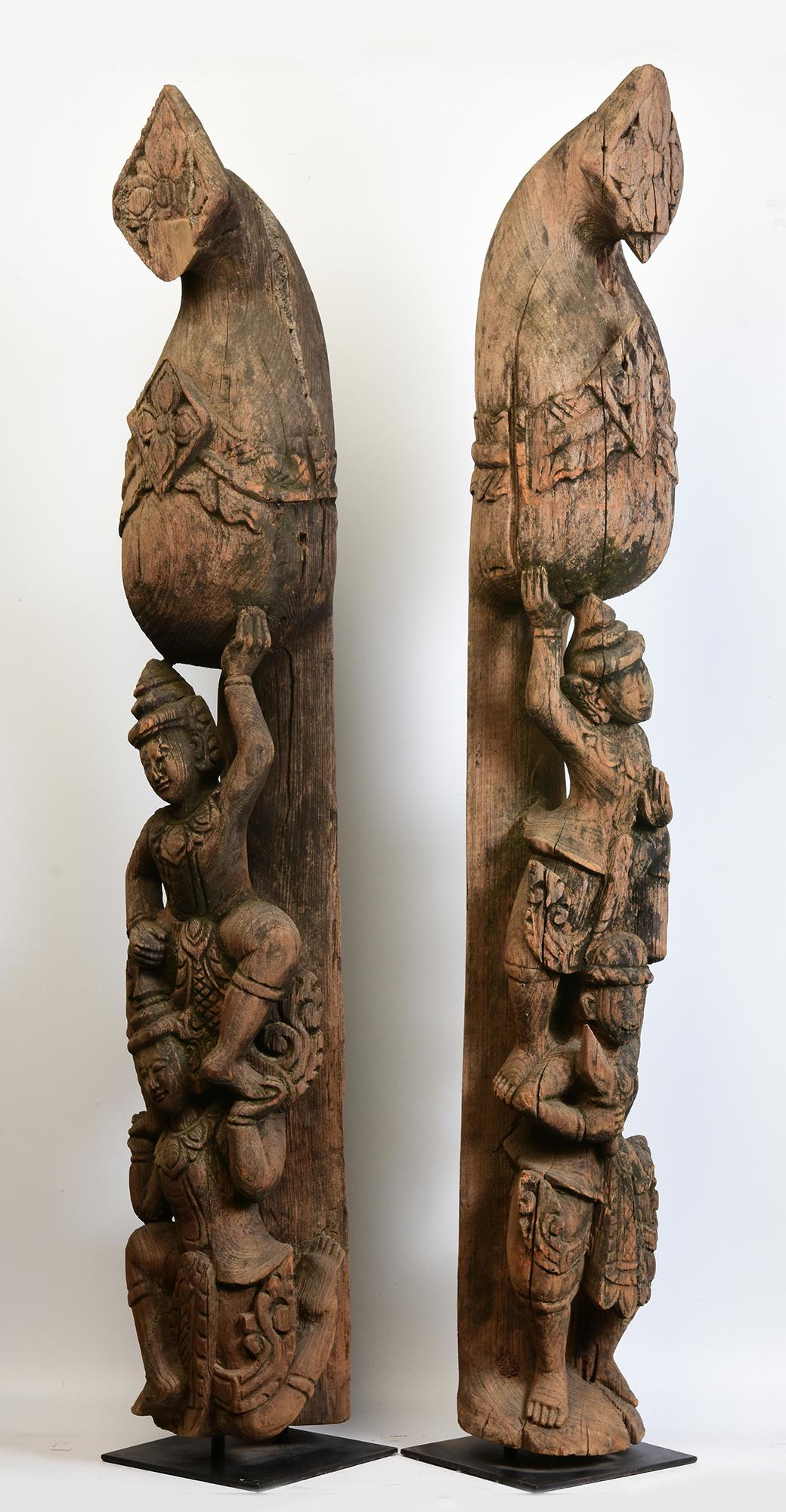 Early 20th Century, A Pair of Antique Burmese Wooden Finial Chofa with Figures For Sale 16