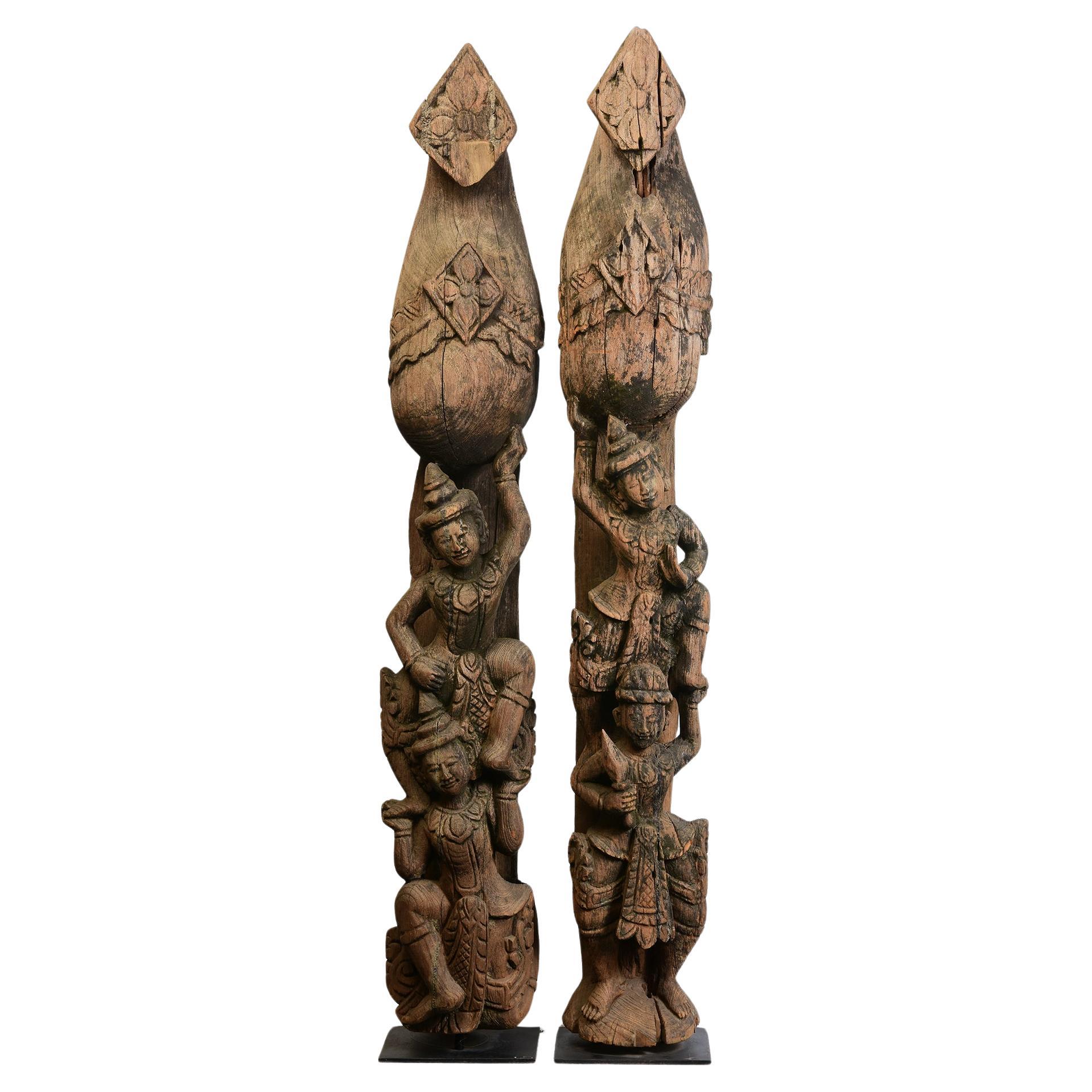 Early 20th Century, A Pair of Antique Burmese Wooden Finial Chofa with Figures For Sale