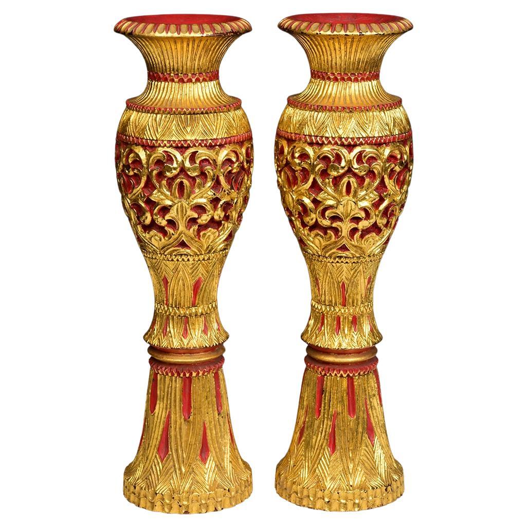 Early 20th Century, A Pair of Burmese Lacquered Vase with Gilding For Sale