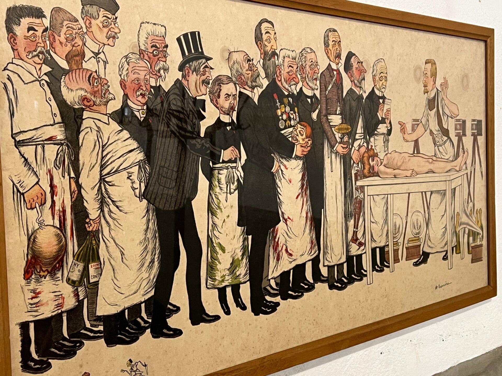 Rare large antique lithographs by the famous French artist Adrien Barrère (1874-1913). This diptych is a caricature from 1904 of the professors of the medical faculty of the University of Paris. Super cool. The originals hang in the University of